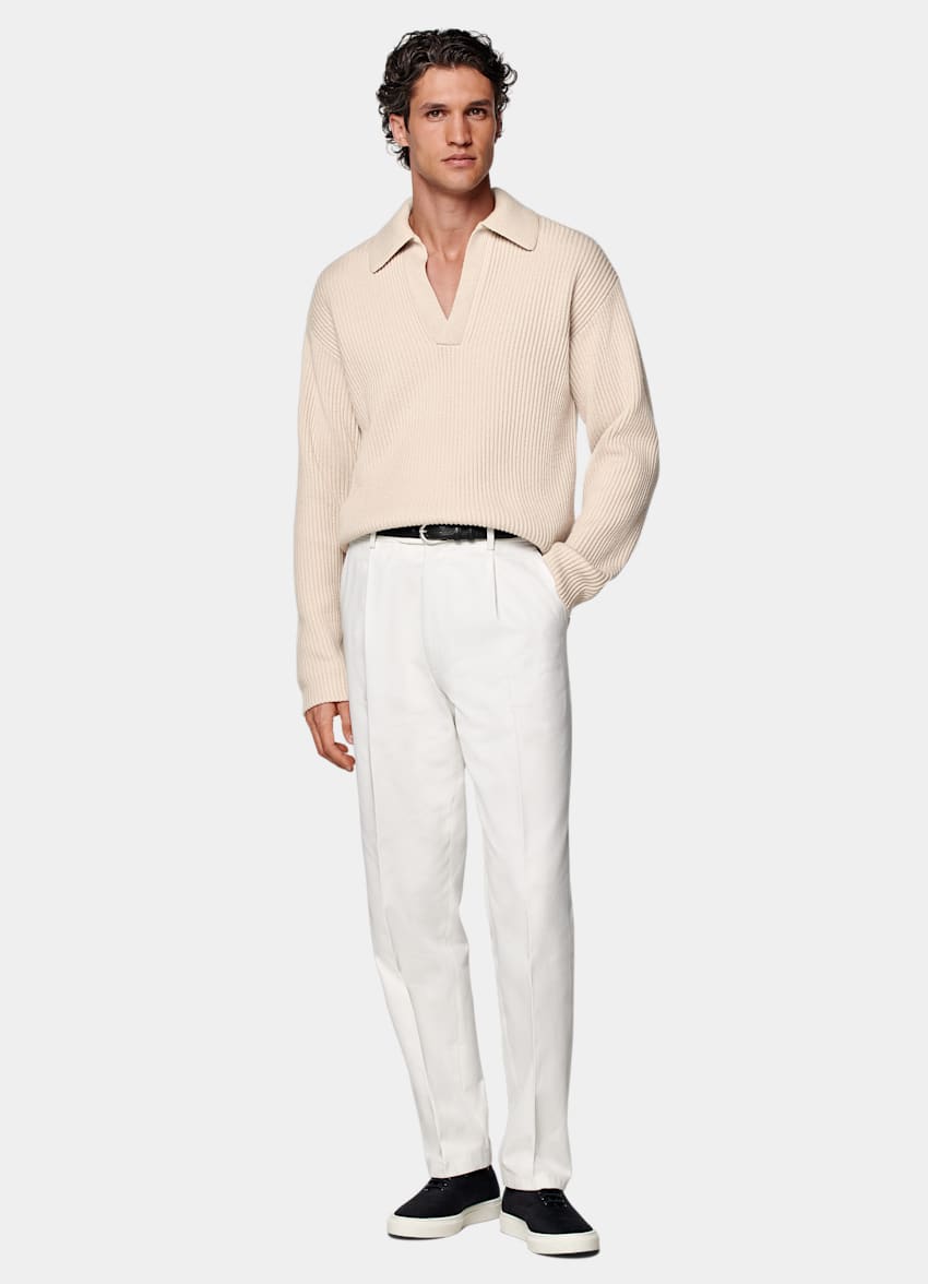 Sand Ribbed Long Sleeve Buttonless Polo
