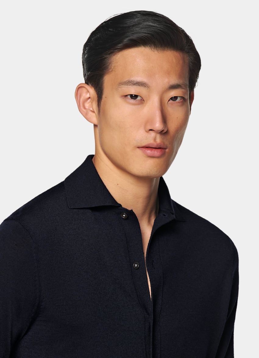 Navy Merino Long Sleeve Polo Cardigan