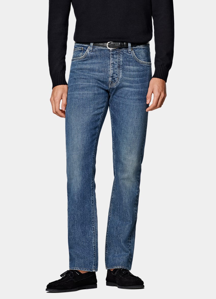 Mid Blue Slim Leg Tapered Jeans
