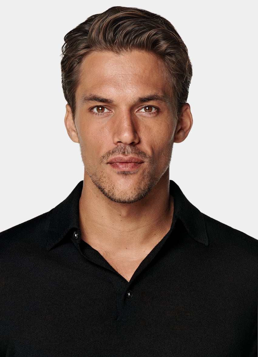 Black Merino Long Sleeve Polo