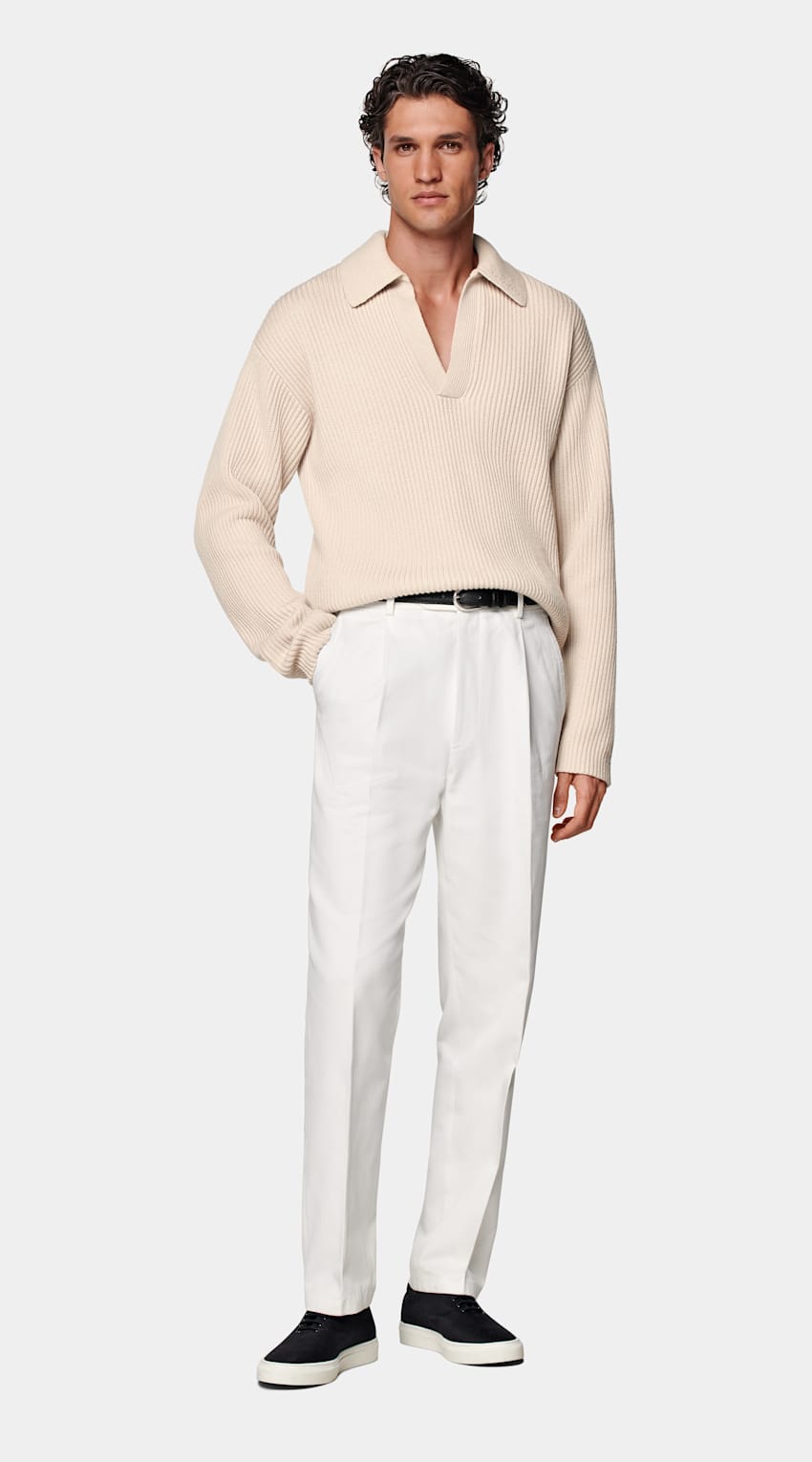Sand Ribbed Long Sleeve Buttonless Polo
