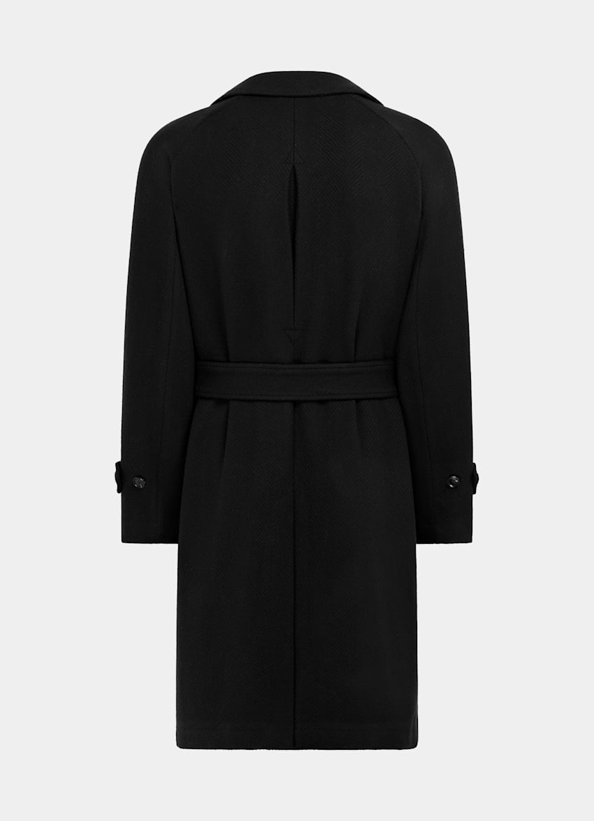 Black Herringbone Belted Overcoat