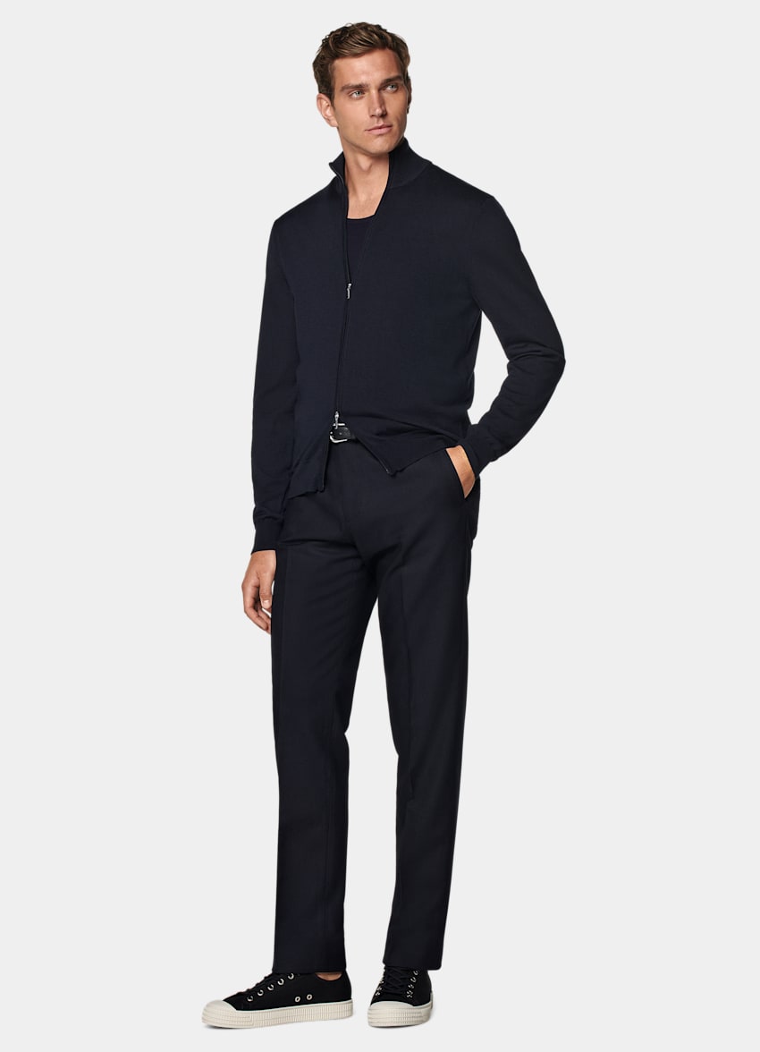 Navy Merino Zip Cardigan