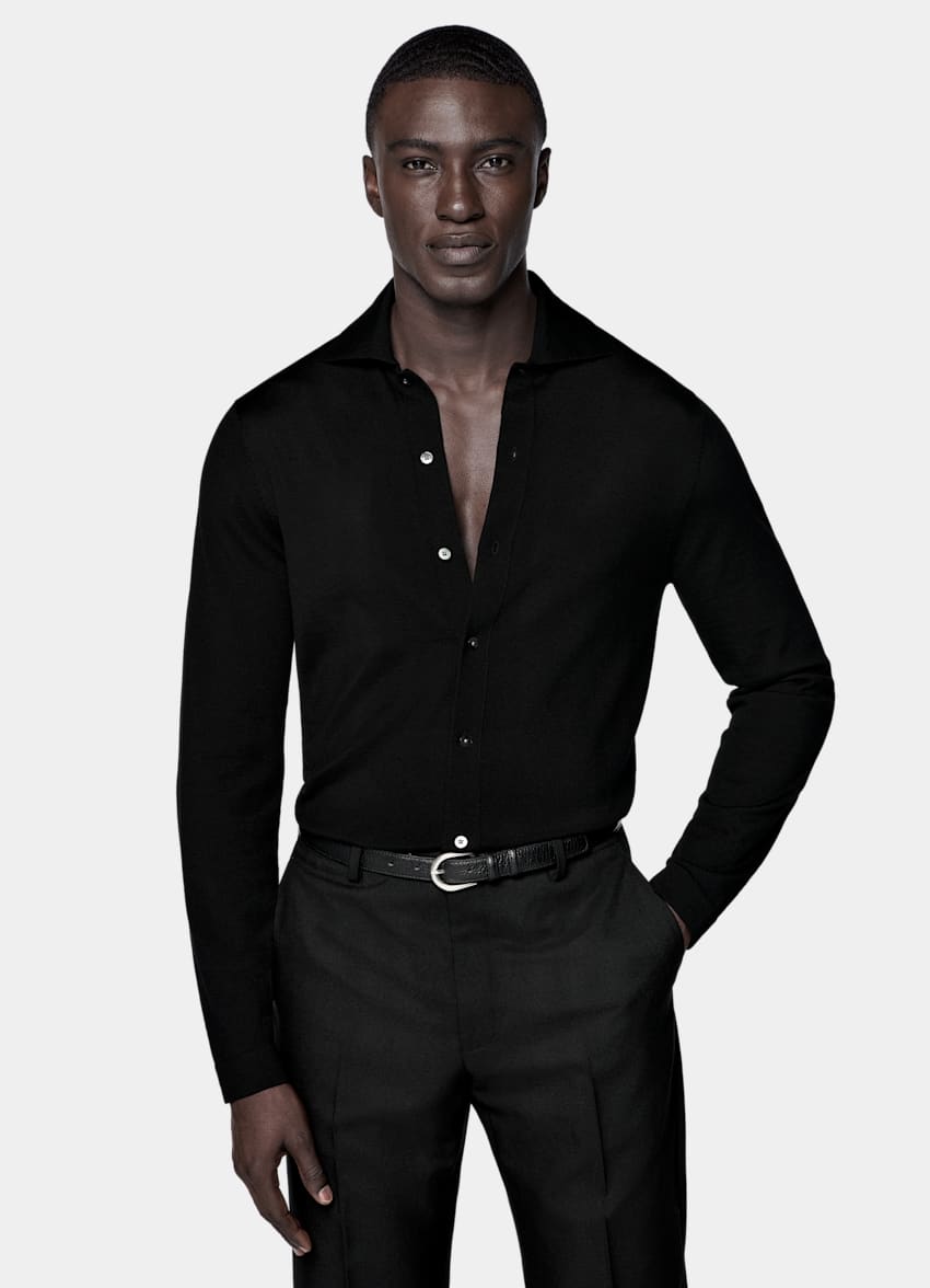 Black Merino Long Sleeve Polo Cardigan