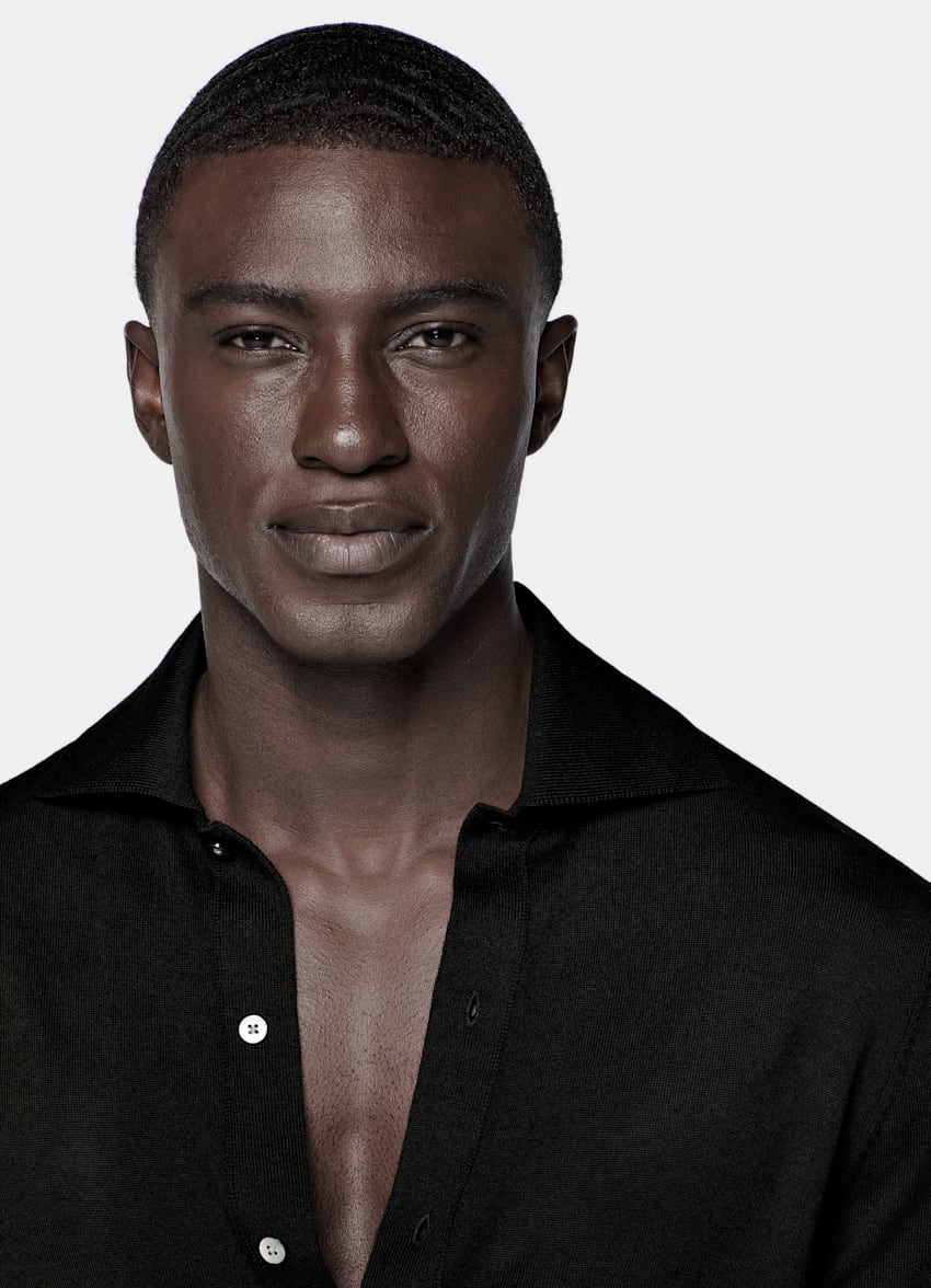 Black Merino Long Sleeve Polo Cardigan