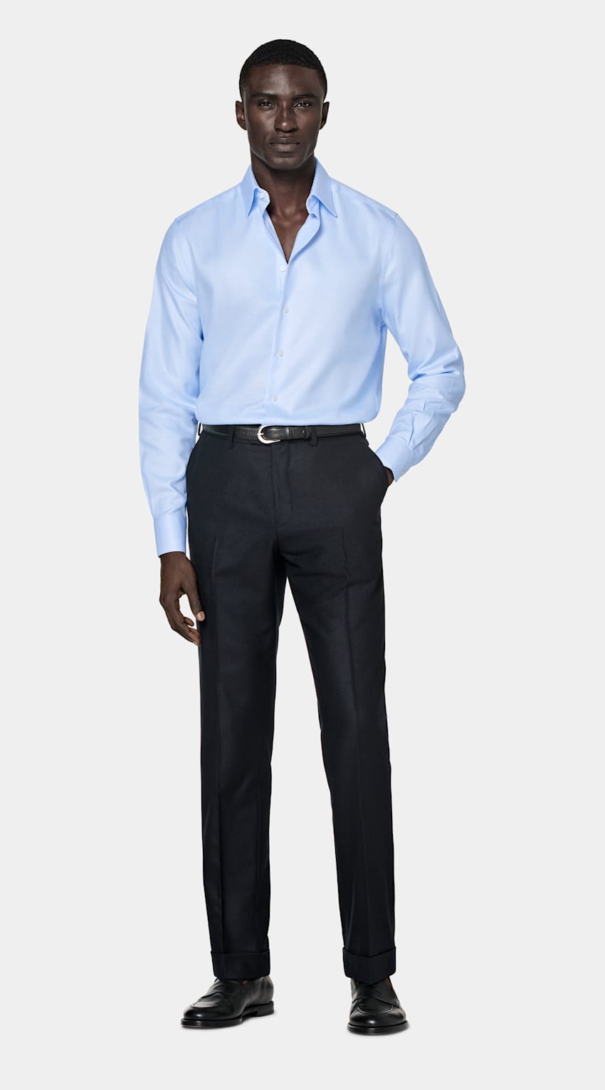 Light Blue Houndstooth Twill Slim Fit Shirt