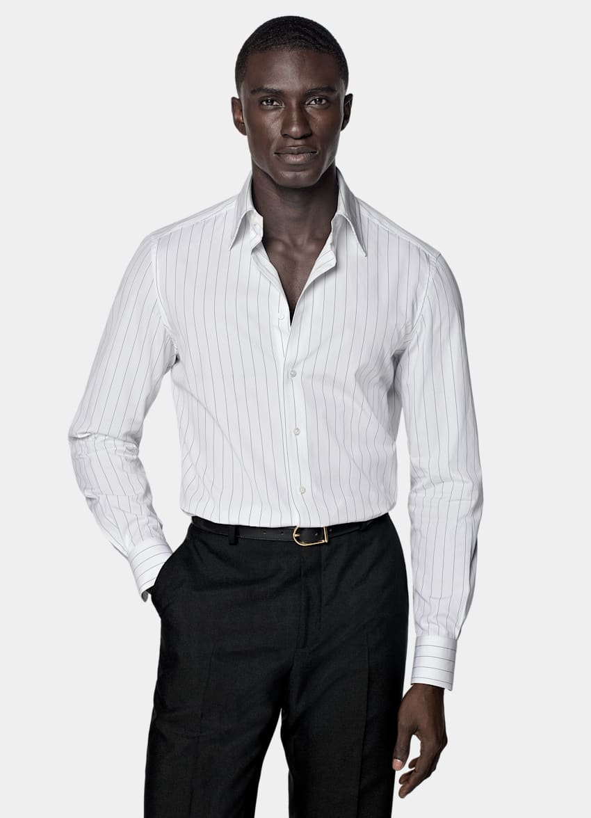 White Striped Point Collar Tailored Fit Shirt