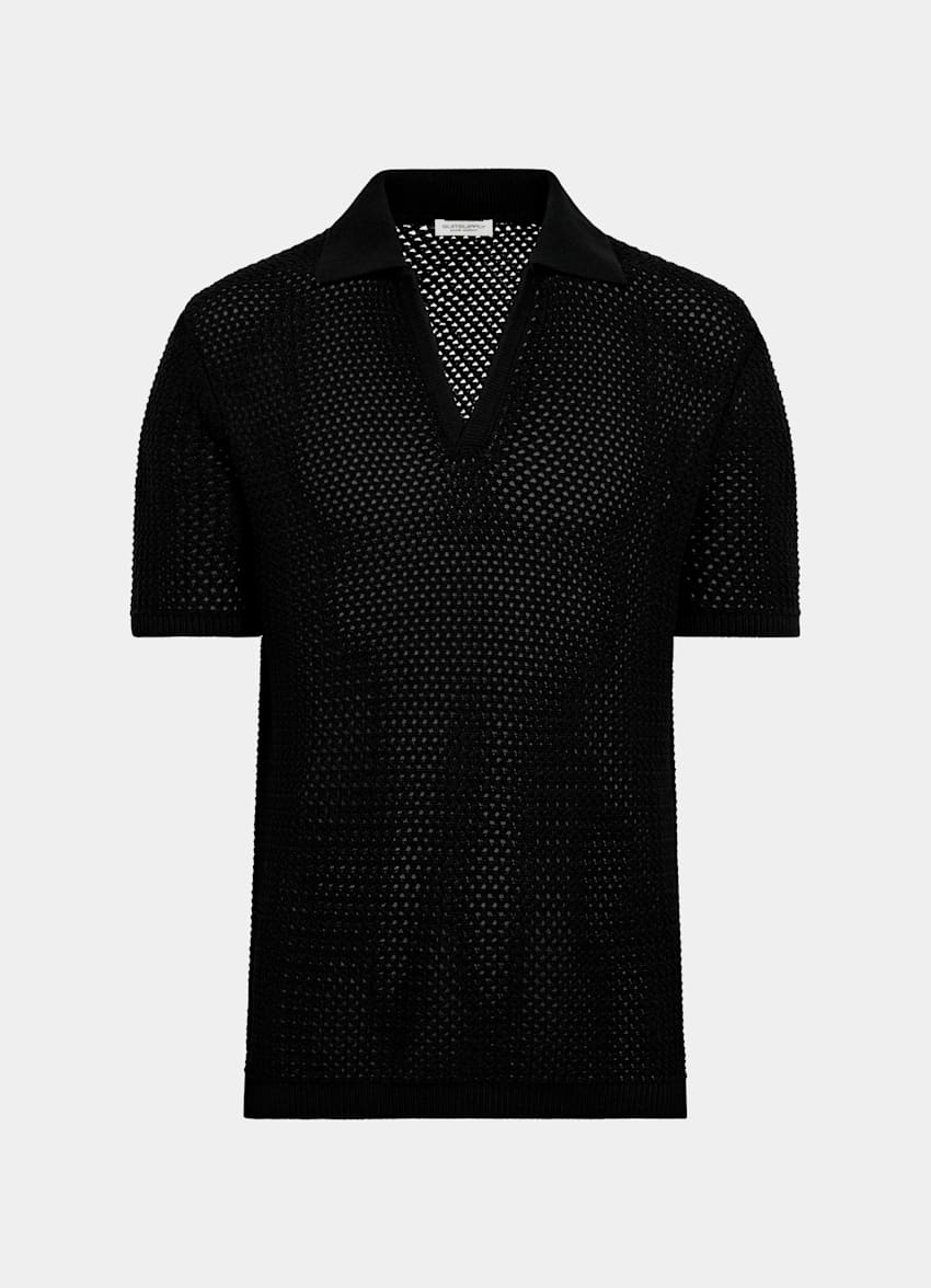 Black Crochet Buttonless Polo
