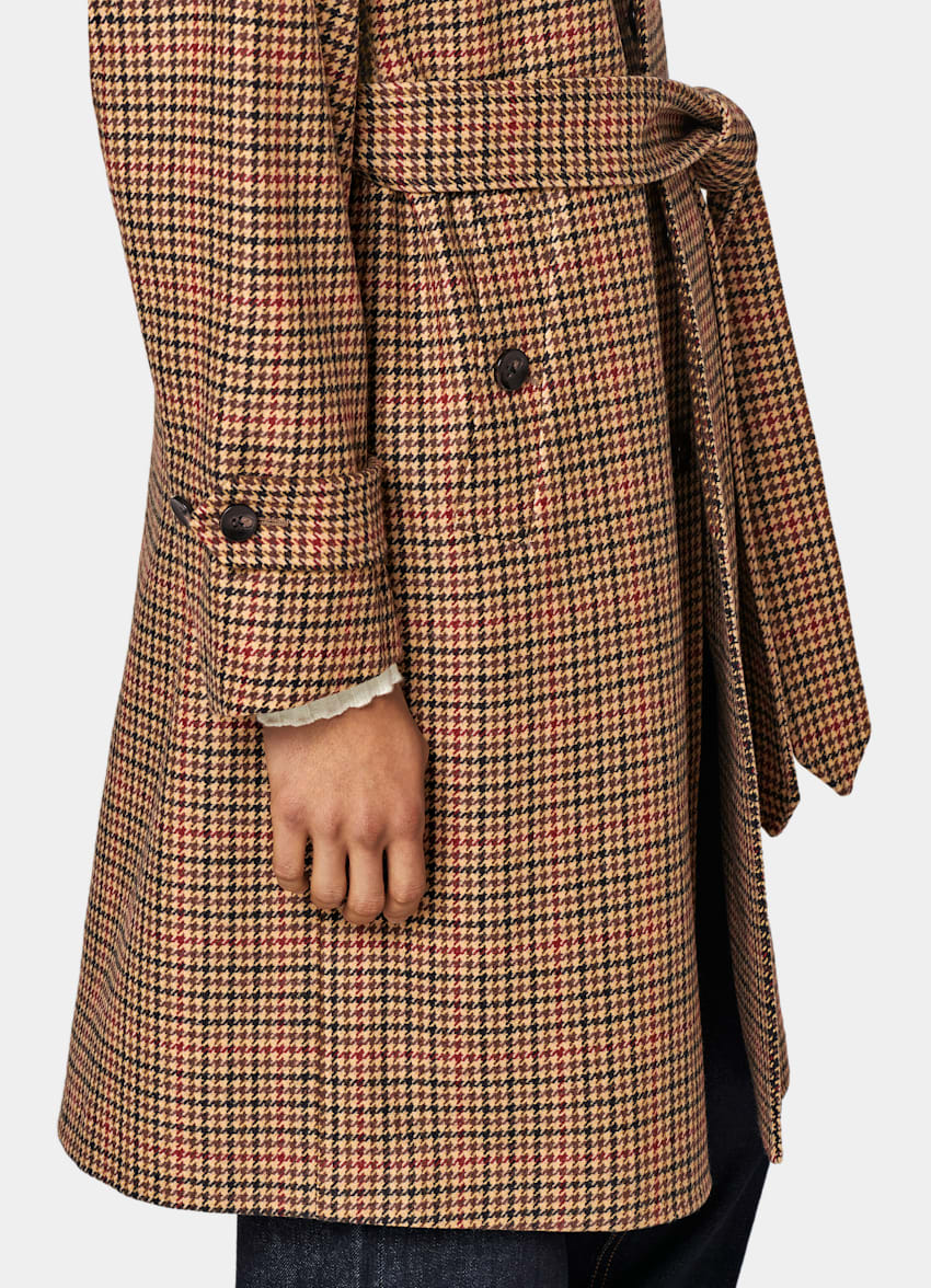 Brown & Red Checked Belted Overcoat