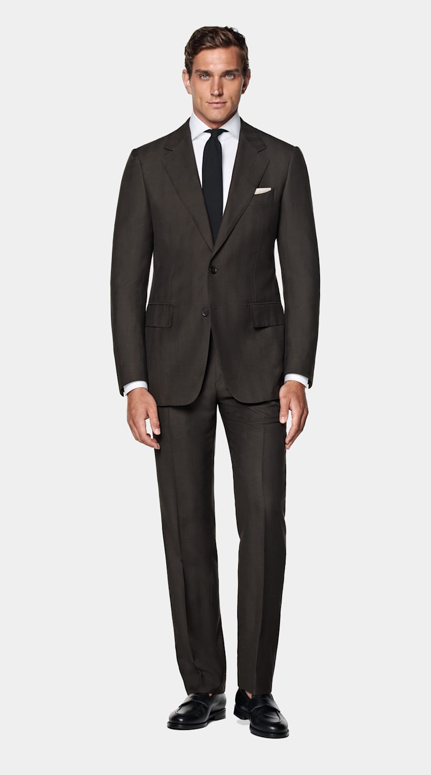 Dark Brown Herringbone Tailored Fit Milano Suit