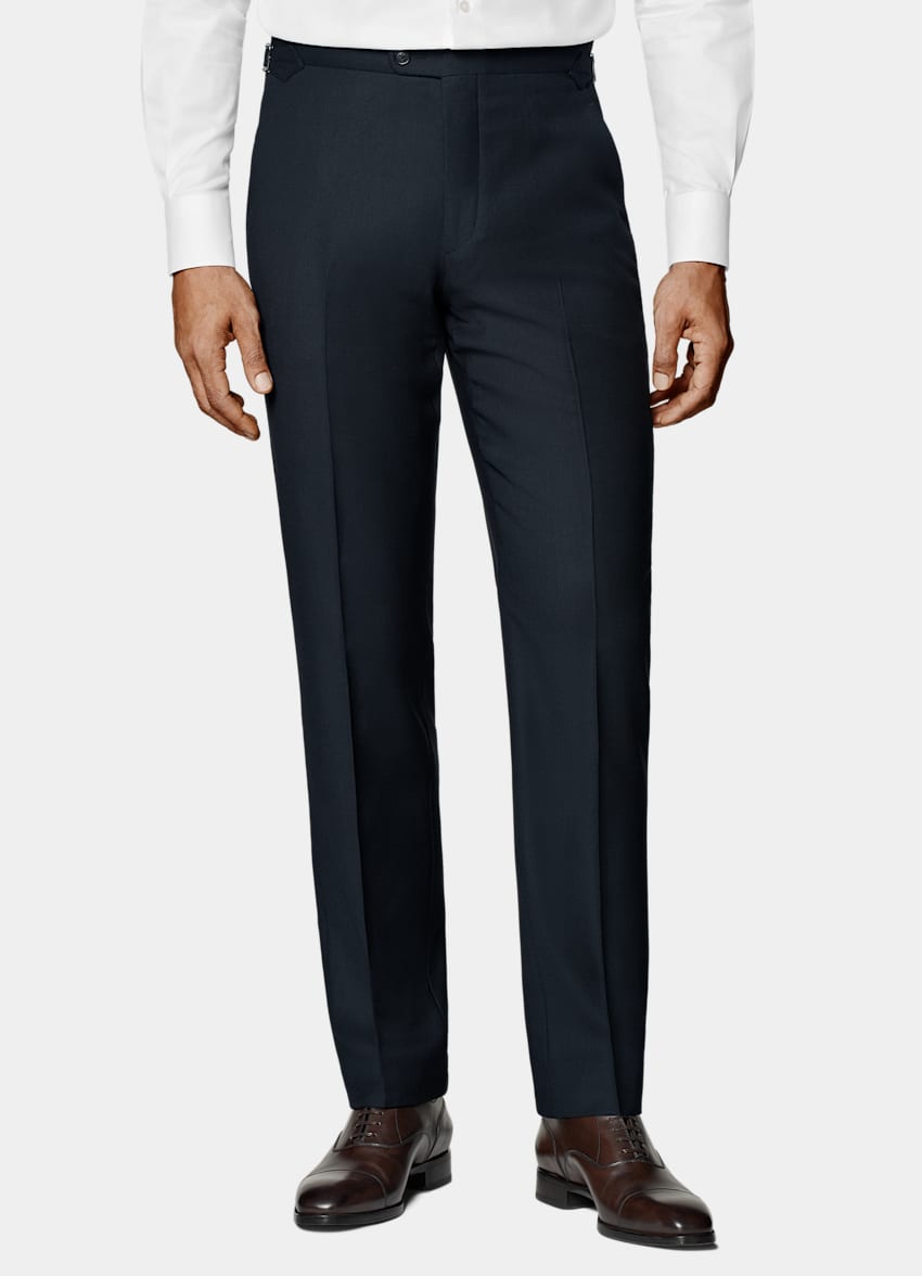 Navy Bird's Eye Slim Leg Straight Suit Pants