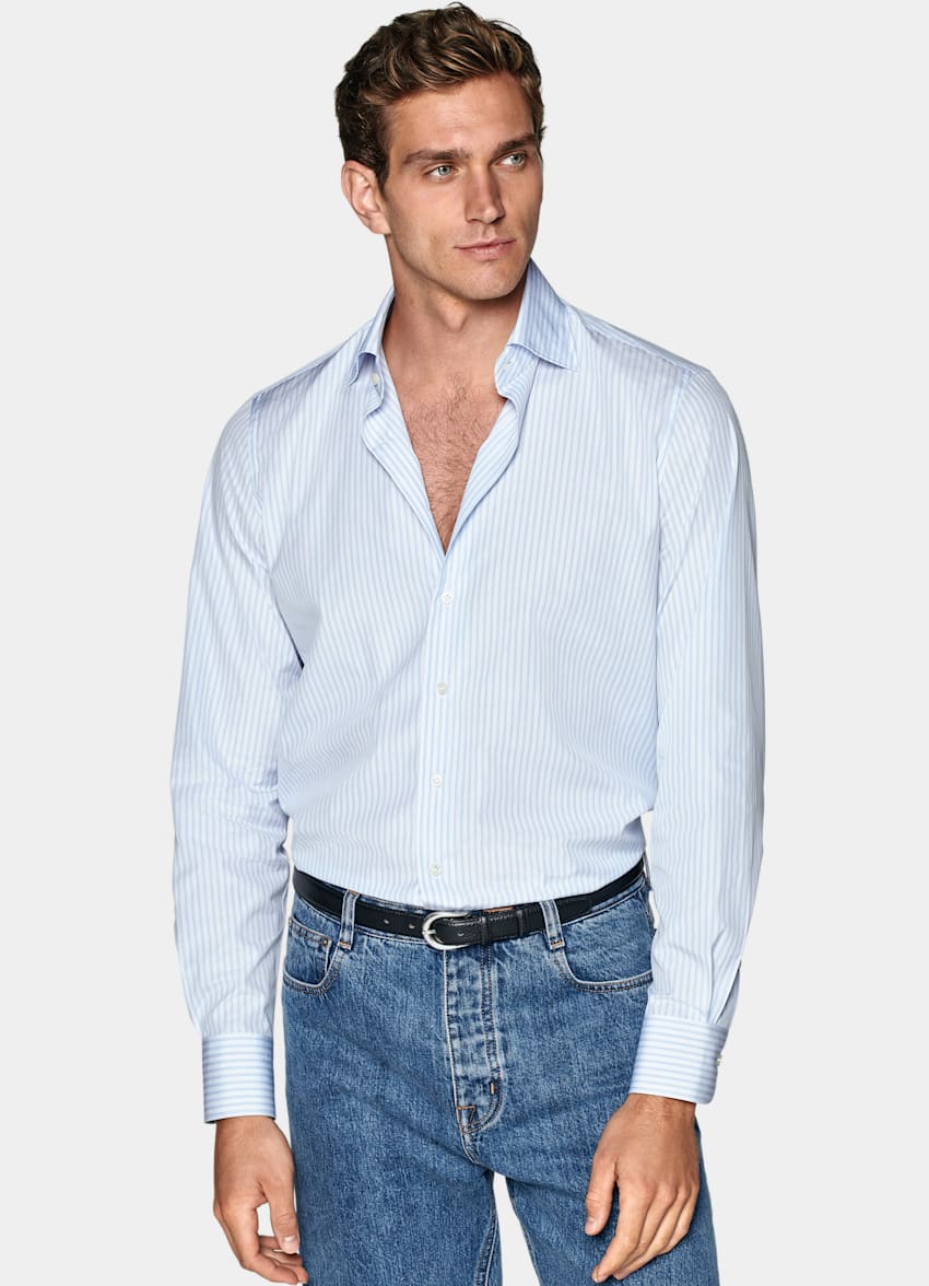 Light Blue Striped Poplin Slim Fit Shirt