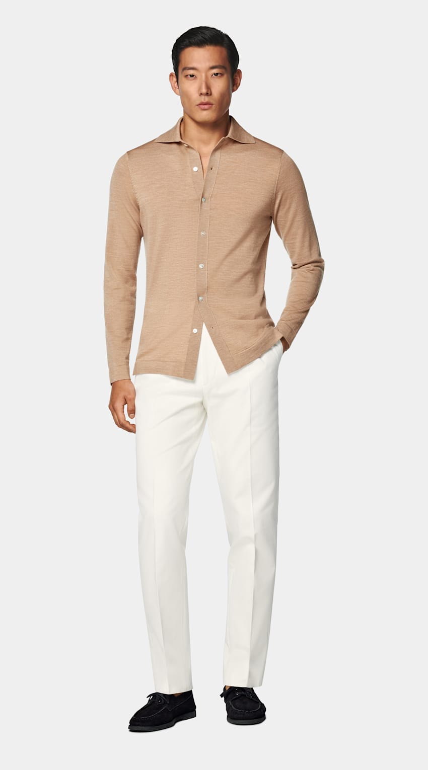 Mid Brown Merino Long Sleeve Polo Cardigan