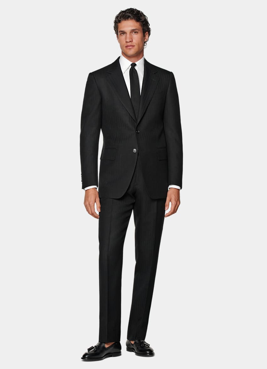 Black Herringbone Tailored Fit Milano Suit
