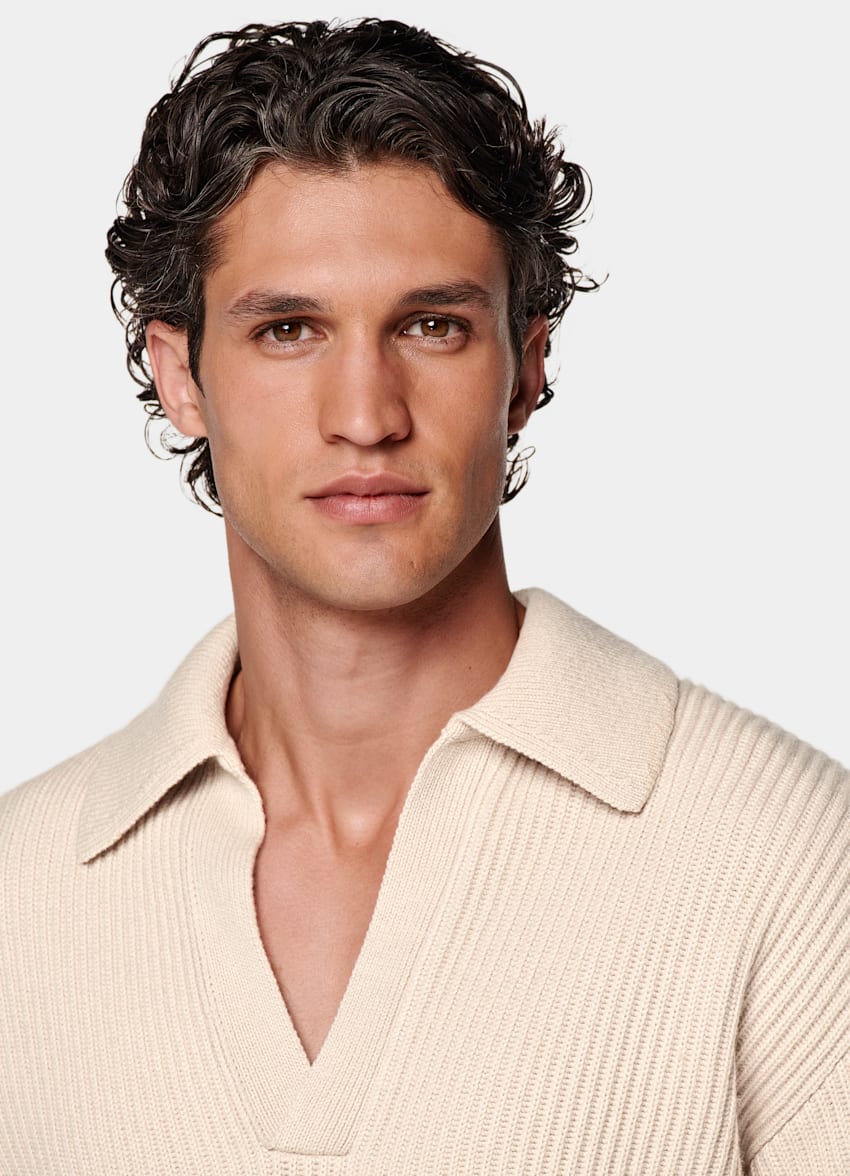Sand Ribbed Long Sleeve Buttonless Polo