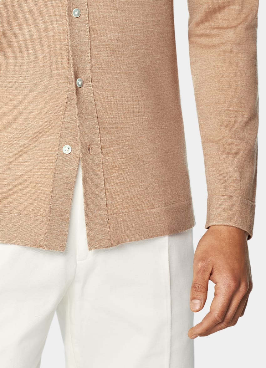 Mid Brown Merino Long Sleeve Polo Cardigan