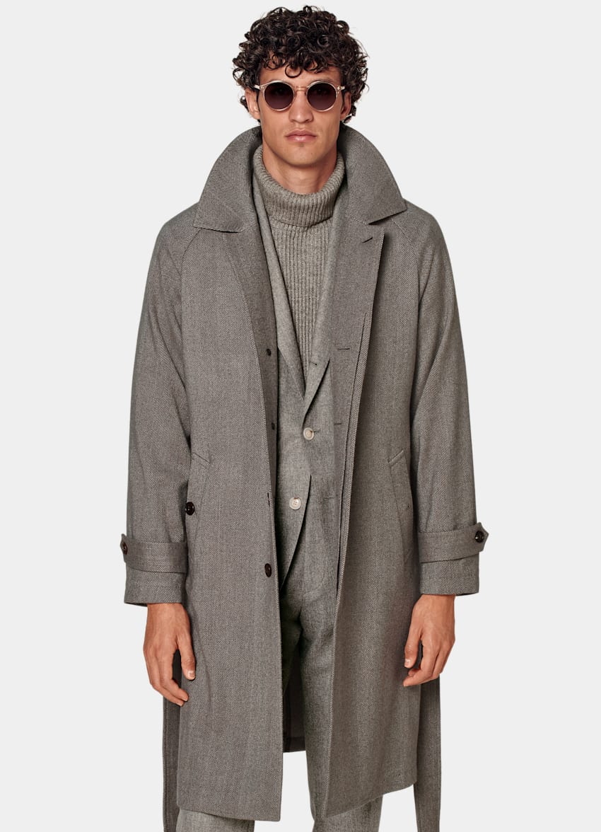 Taupe Herringbone Belted Overcoat
