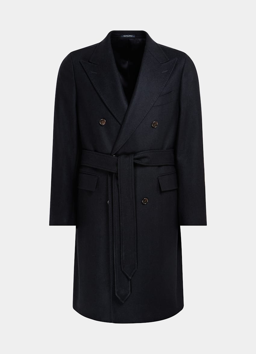 Navy Herringbone Belted Overcoat