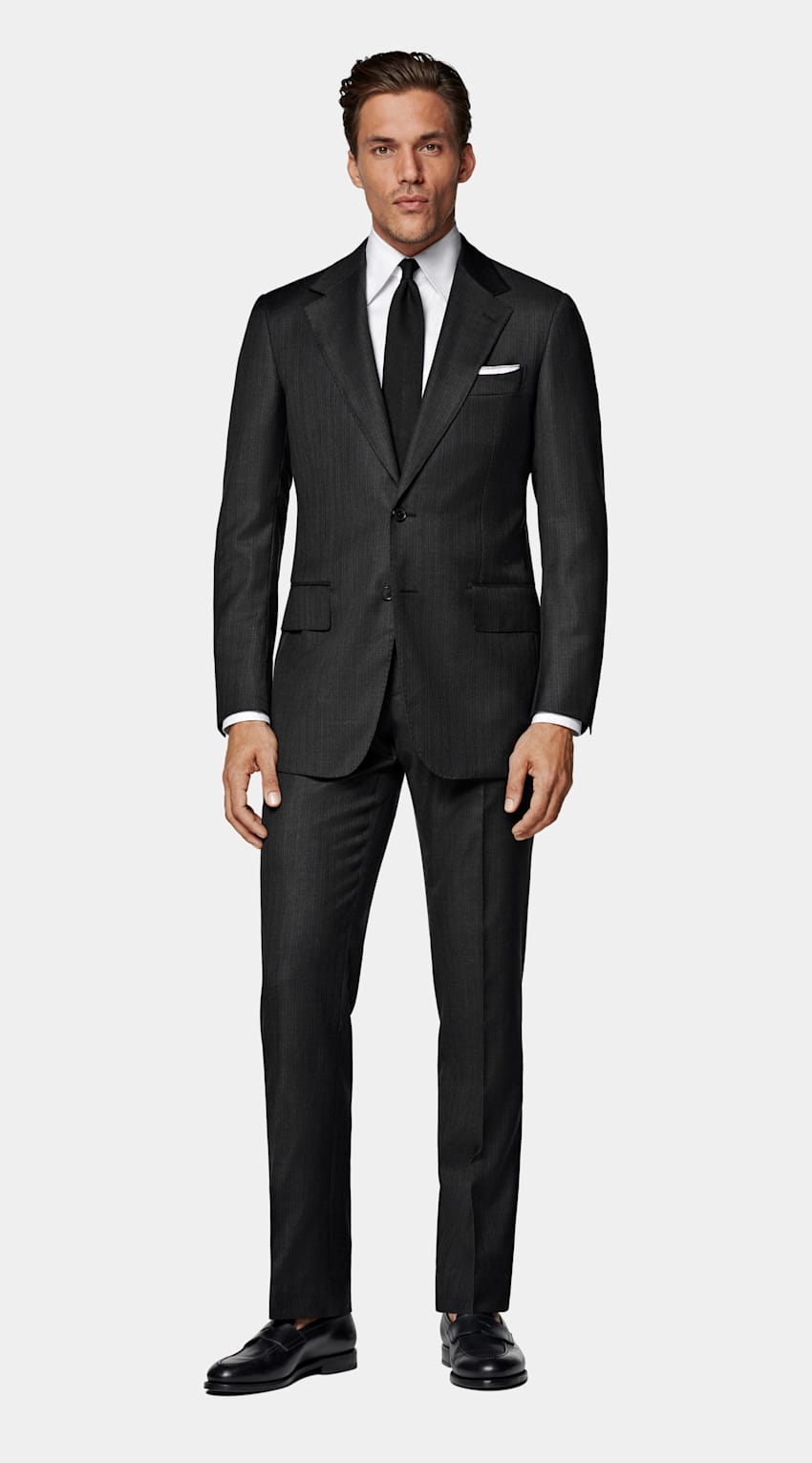 Dark Grey Striped Tailored Fit Milano Suit