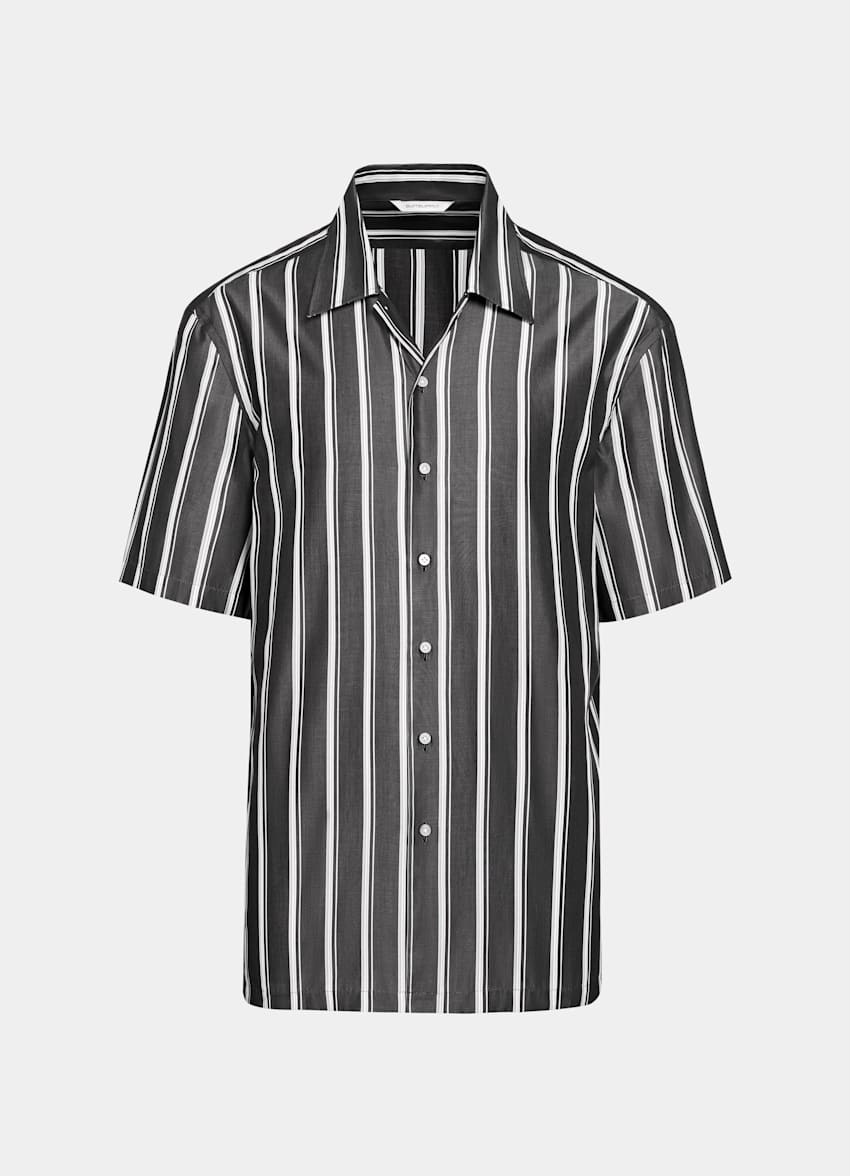 Black Striped Tailored Fit Short Sleeve Shirt