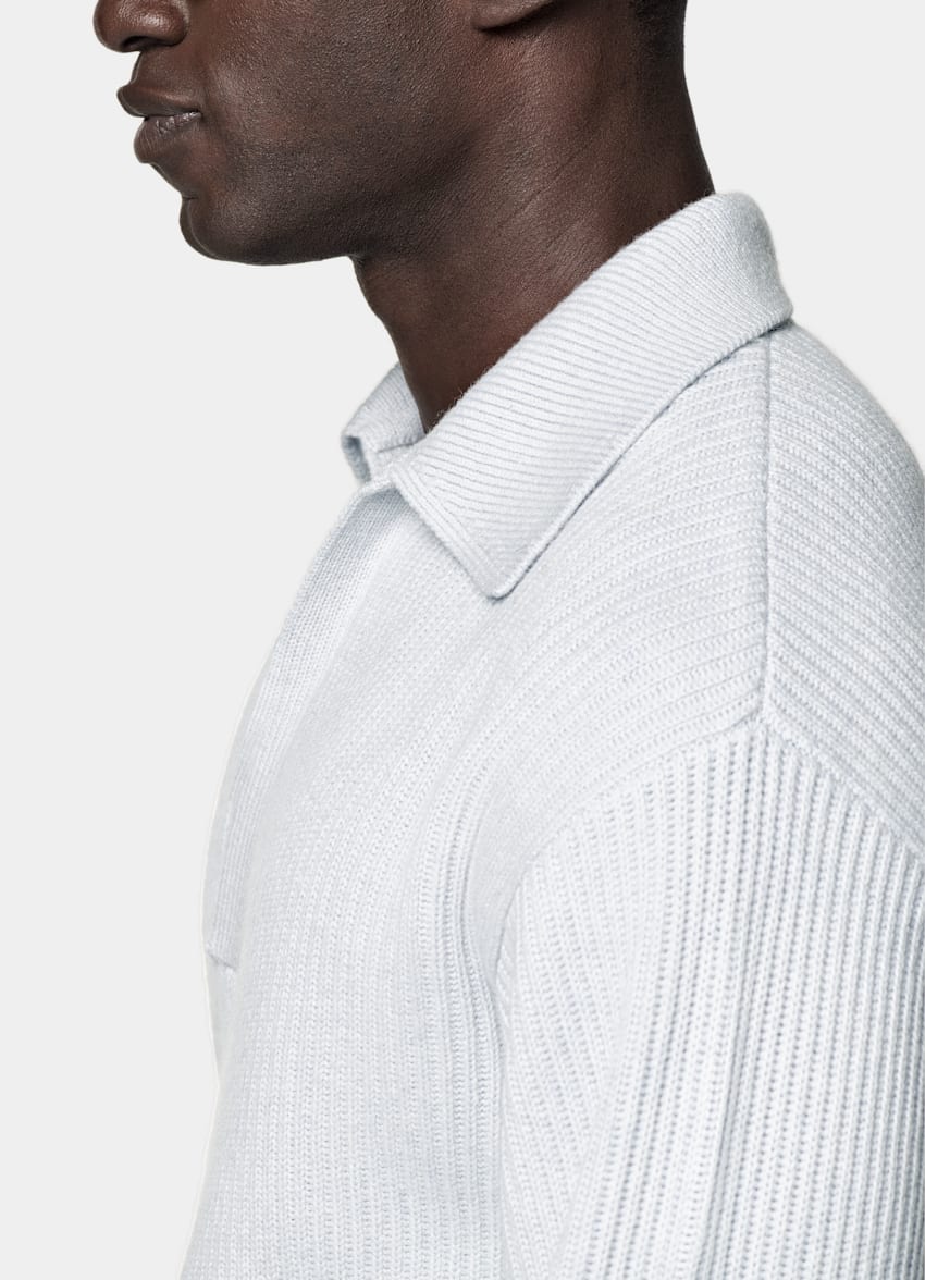 Light Blue Ribbed Long Sleeve Buttonless Polo