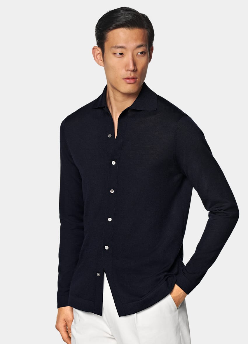 Navy Merino Long Sleeve Polo Cardigan