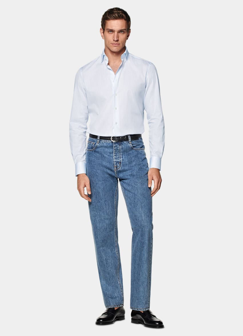 Light Blue Striped Poplin Tailored Fit Shirt