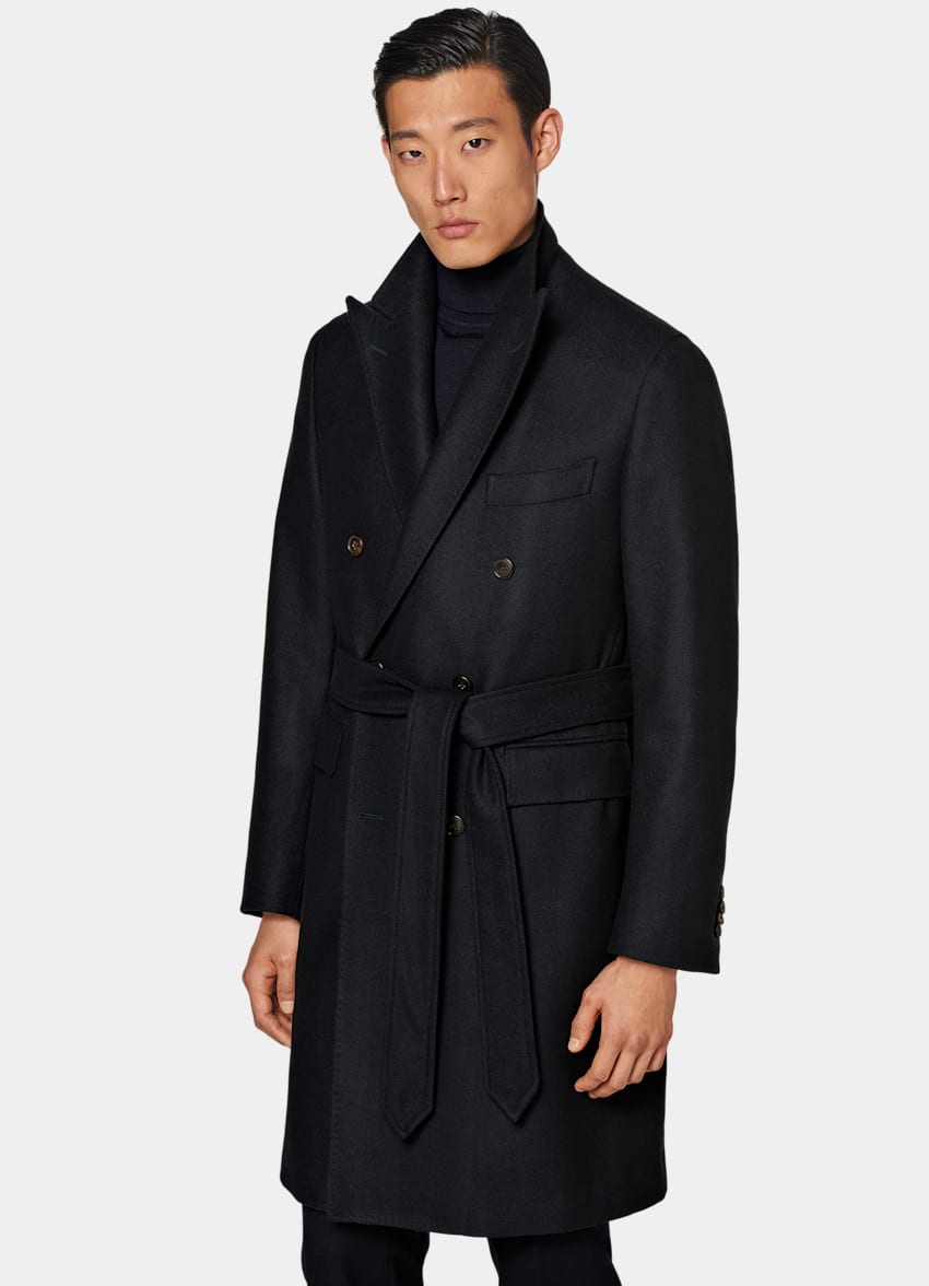 Navy Herringbone Belted Overcoat