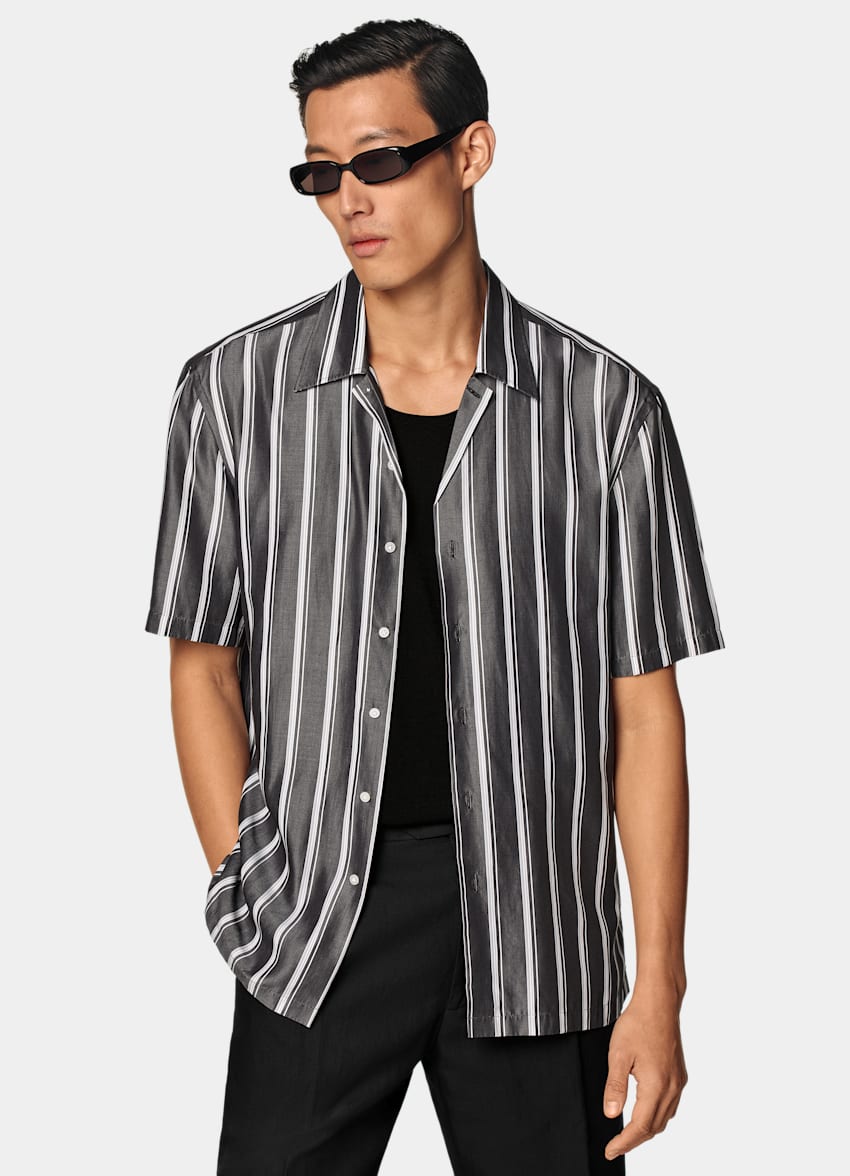 Black Striped Tailored Fit Short Sleeve Shirt