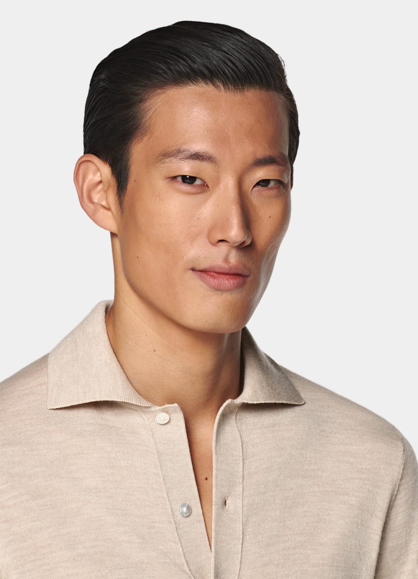 Sand Merino Long Sleeve Polo Cardigan