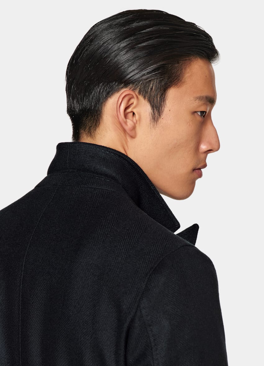 Navy Herringbone Belted Overcoat