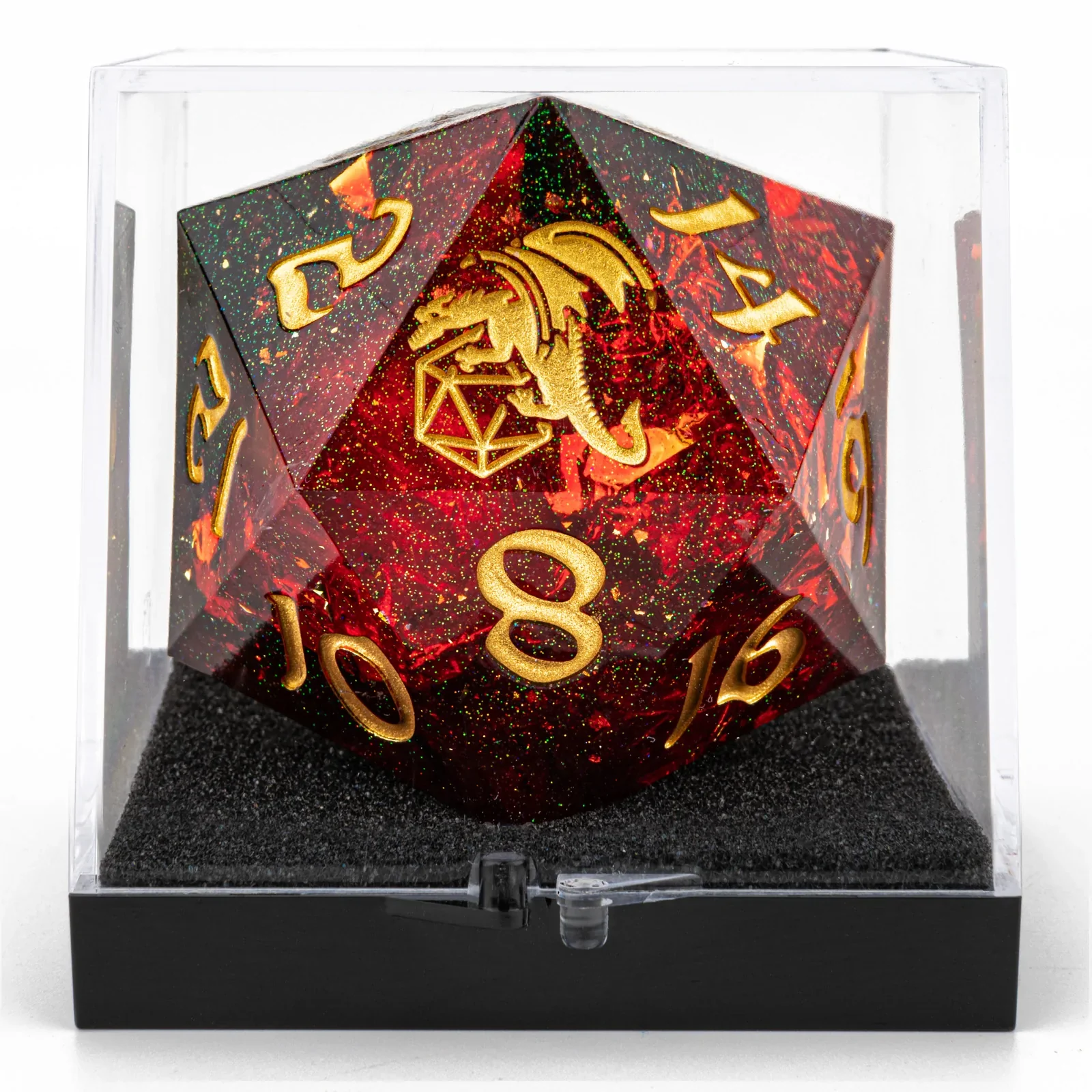 Sharp Edged Resin 55mm D20 - Red w/ Gold Ink