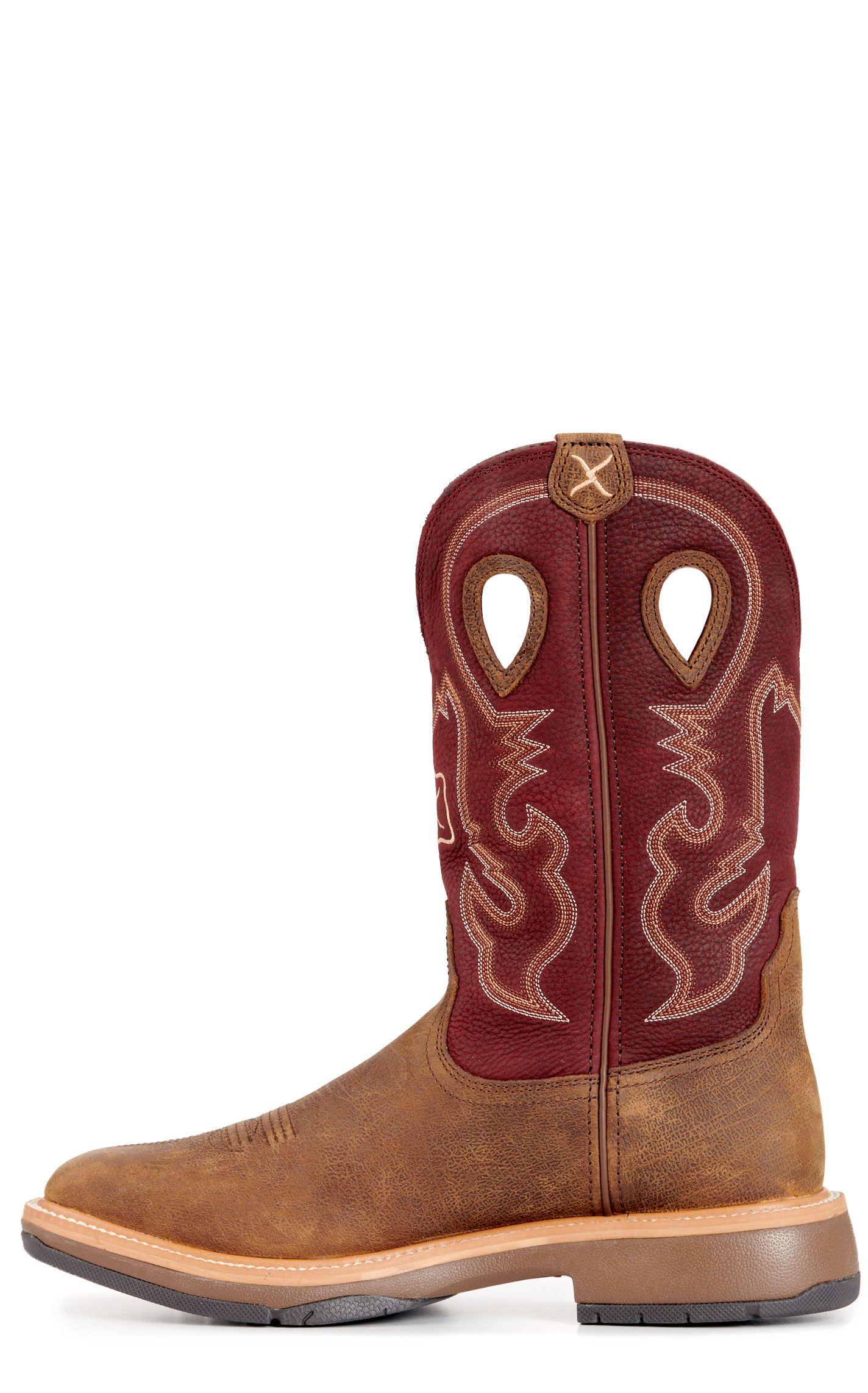 Twisted X Men's Horseman Brown and Burgundy Wide Square Toe Work Boots - Image 1