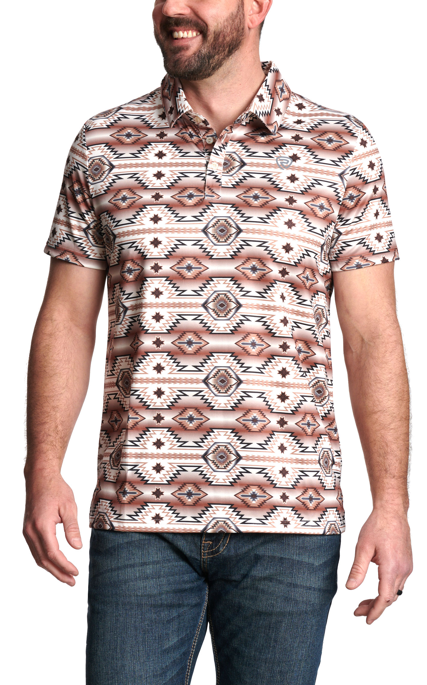 Rock & Roll Denim Men's Coffee & Chocolate Aztec Polo Shirt - Image 1