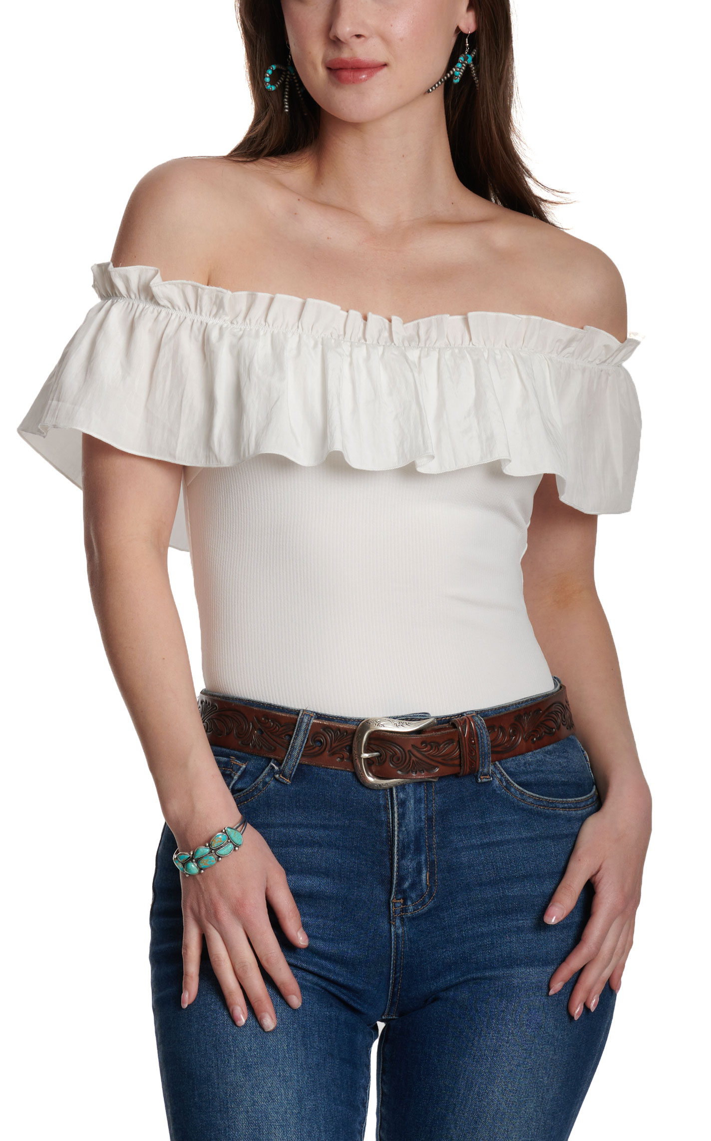 Rockin' C Women's White Off Shoulder Ruffled Neck Bodysuit  - Image 2