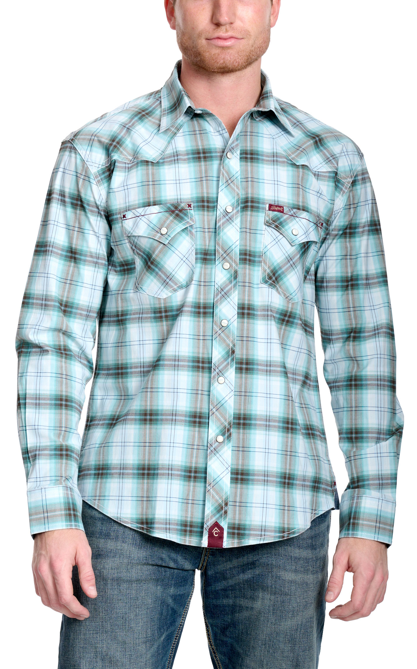 Rafter C Men's Red Dirt Collection Brown & Teal Plaid Western Shirt - Image 1