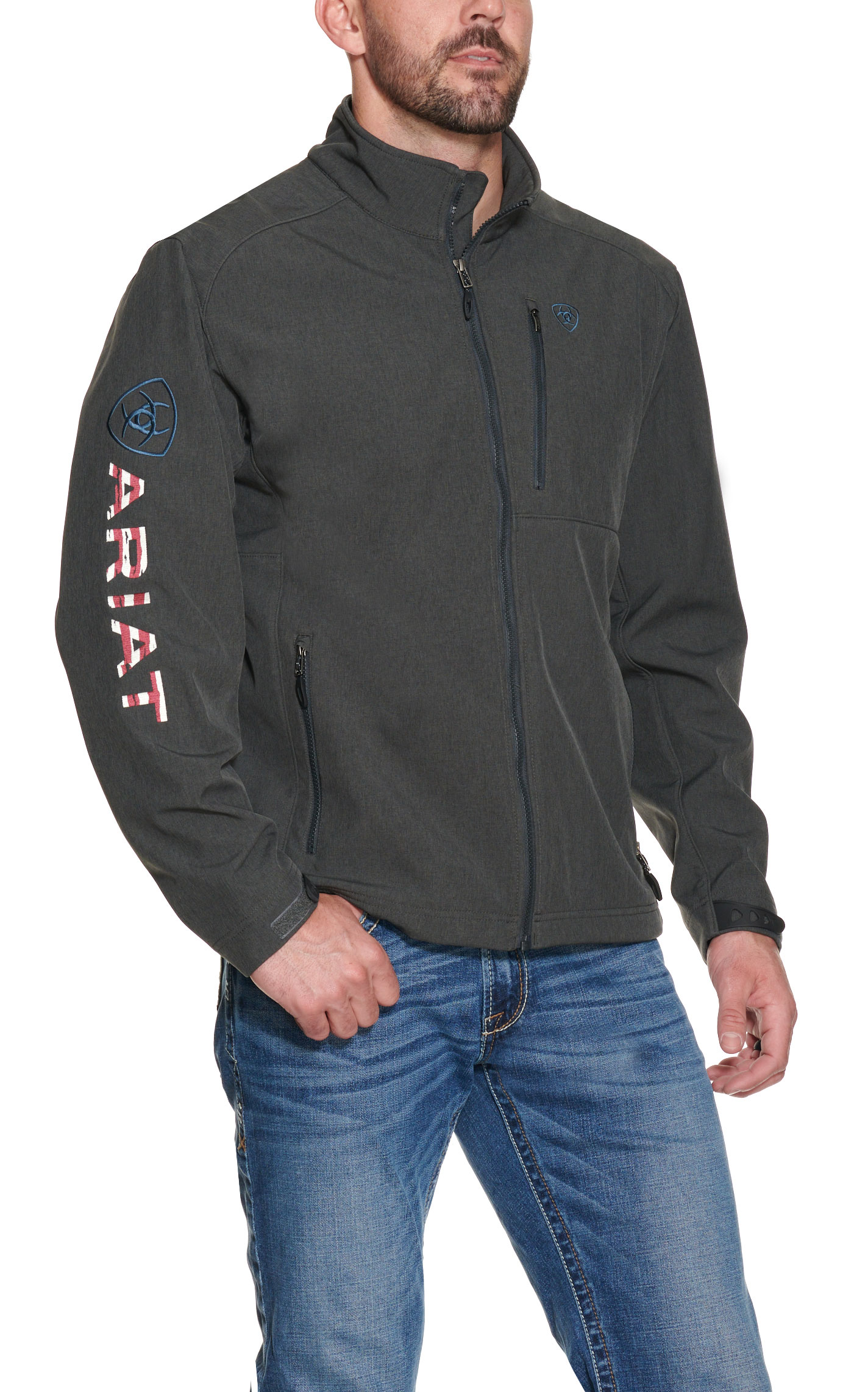 Ariat Men's Logo 2.0 Patriot Charcoal Gray with Embroidered Flag Concealed Carry Softshell Jacket - Image 1