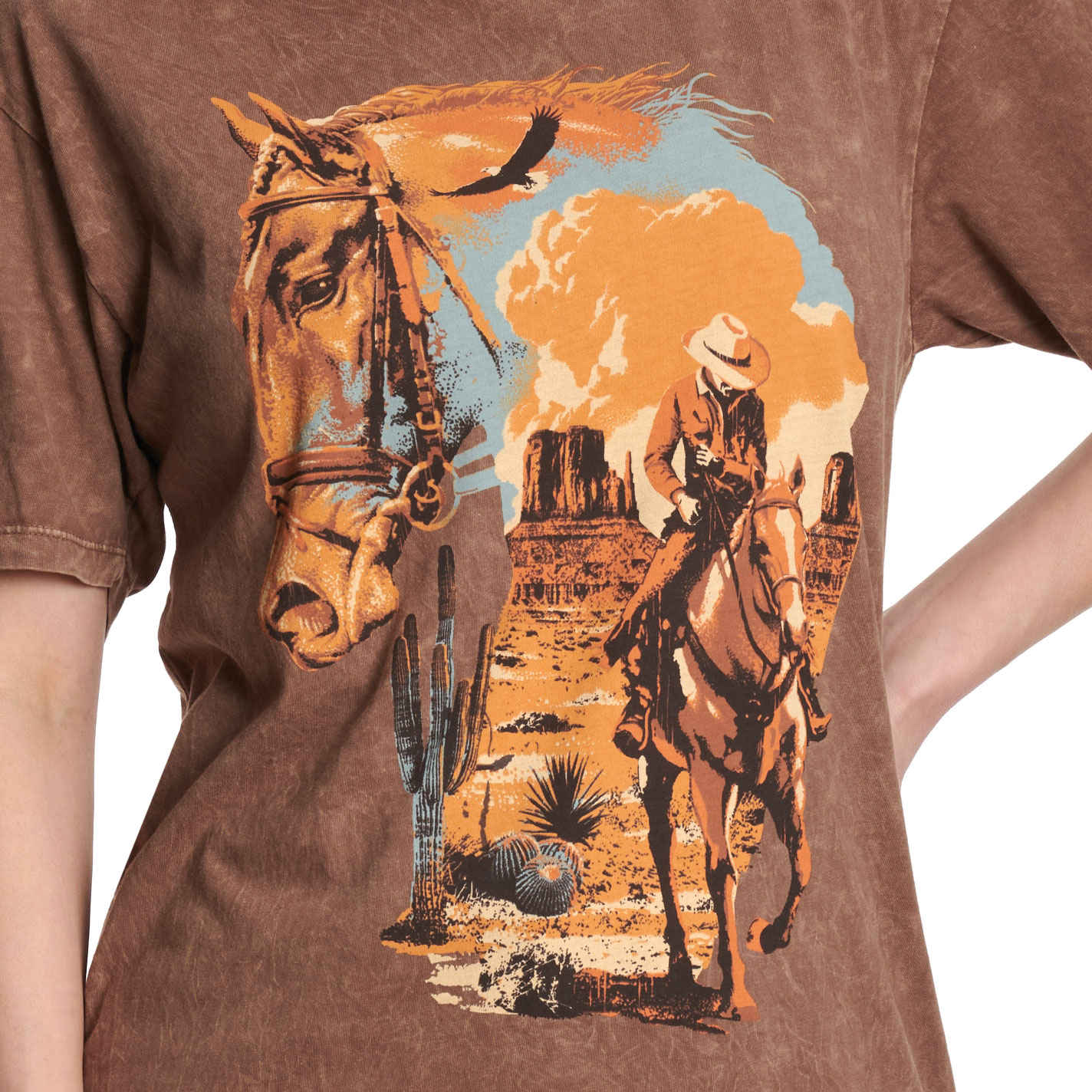 Lotus Fashion Women’s Brown Desert Cowboy Graphic T-Shirt - Image 2