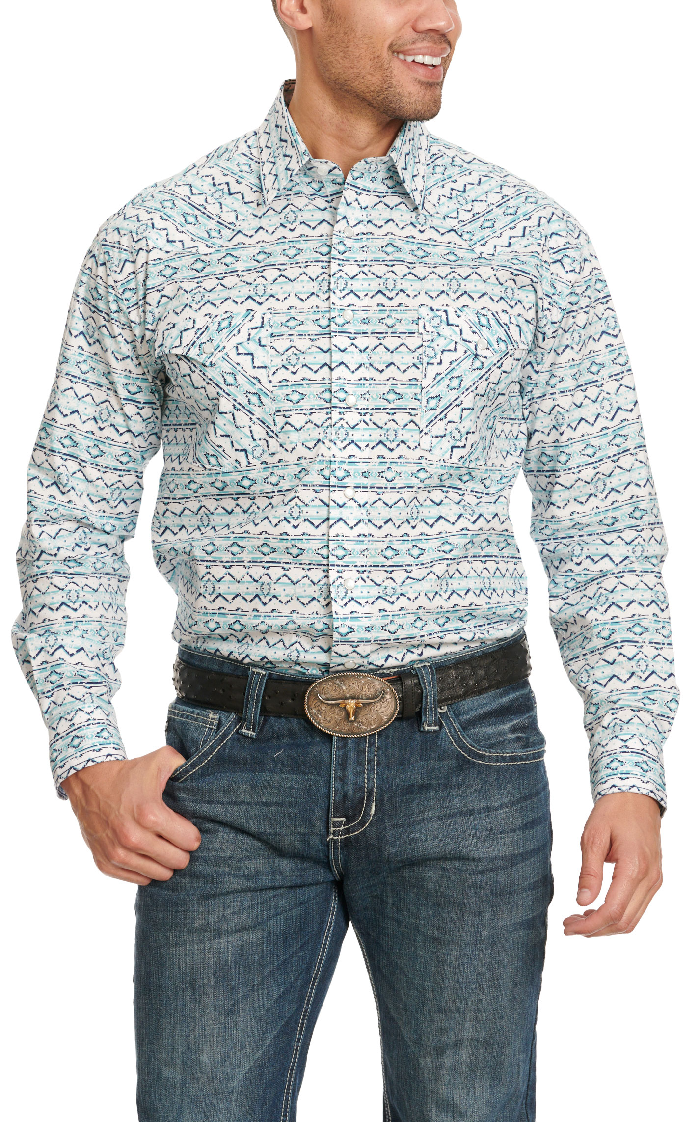 Panhandle Men's Rough Stock Light Turquoise Aztec Western Shirt - Image 1