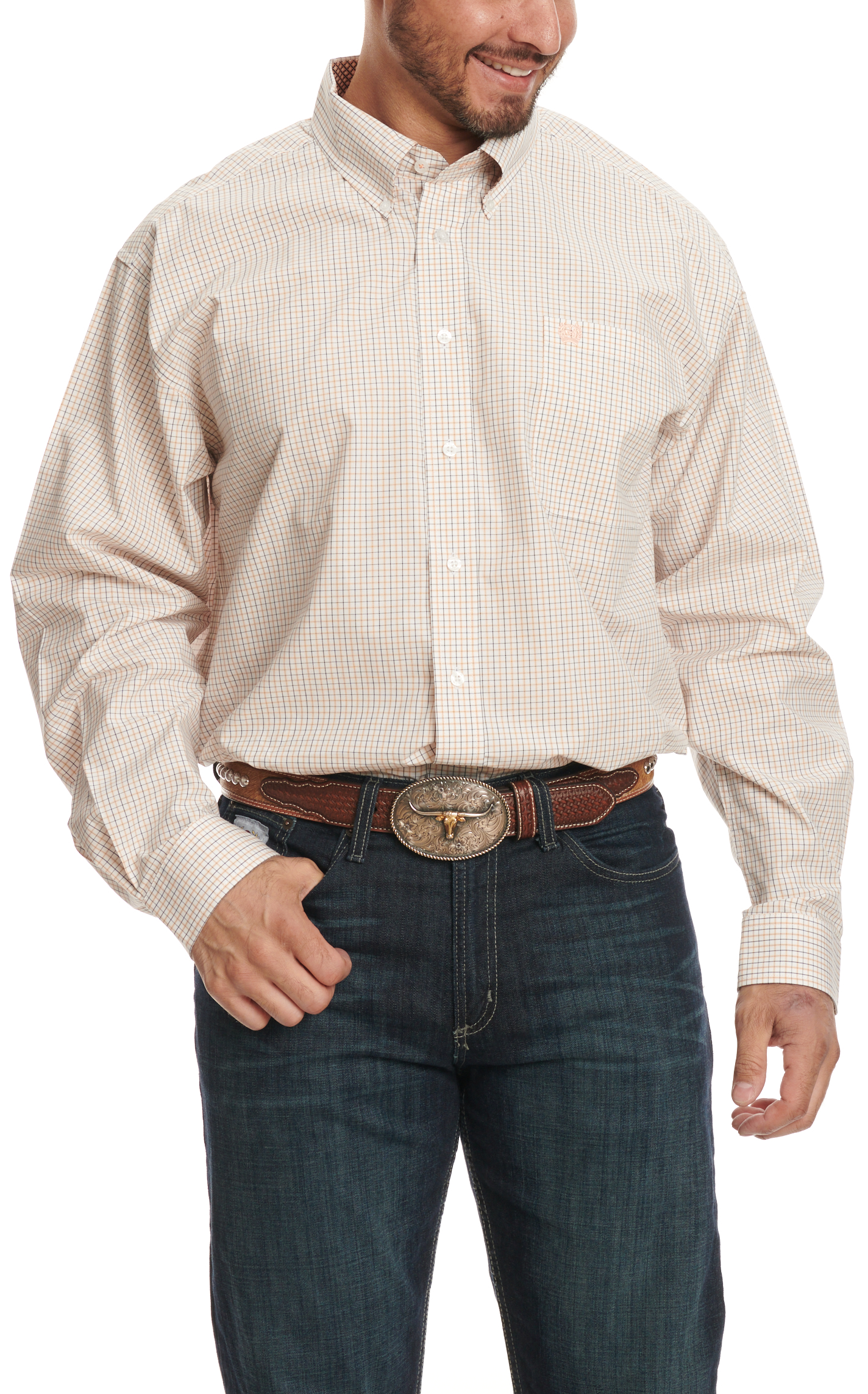 Cinch Men's Gold & Black Mini Plaid Western Shirt - Image 1