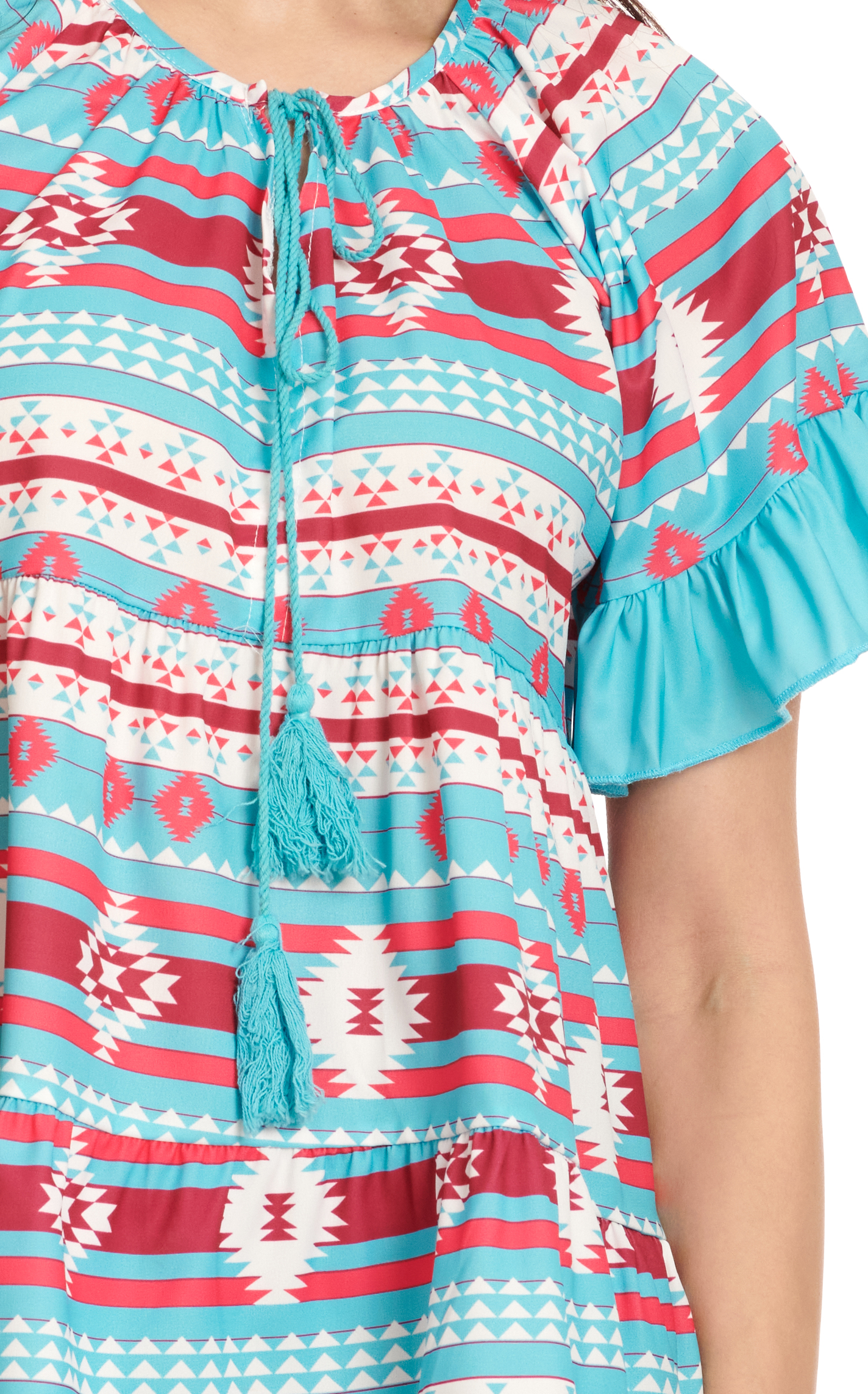 Southern Grace Women's Turquoise & Red Aztec Print Baby Doll Style Short Sleeve Top - Image 1