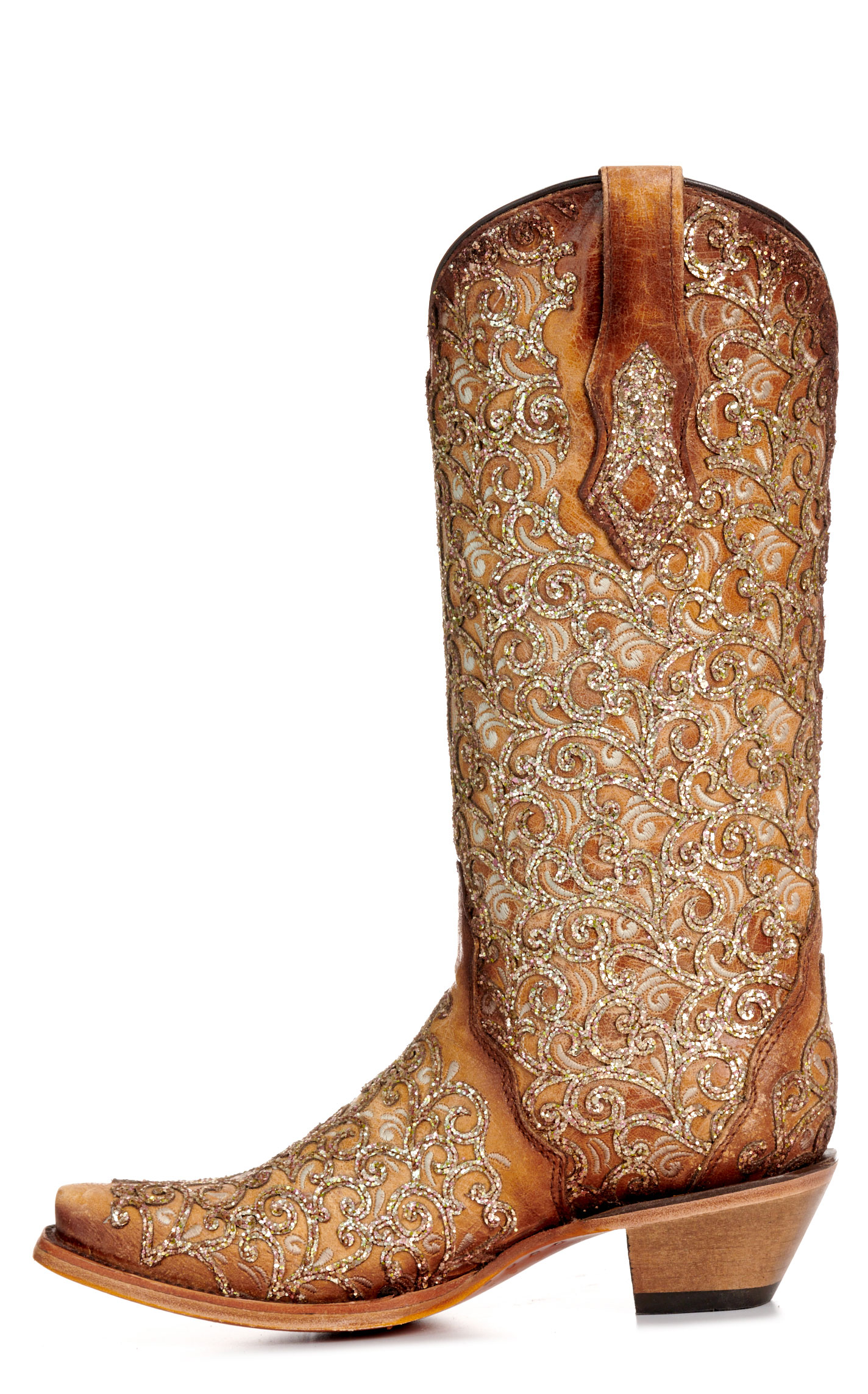 Corral Women's Saddle Tan with Glitter Overlay Snip Toe Cowboy Boots - Image 1