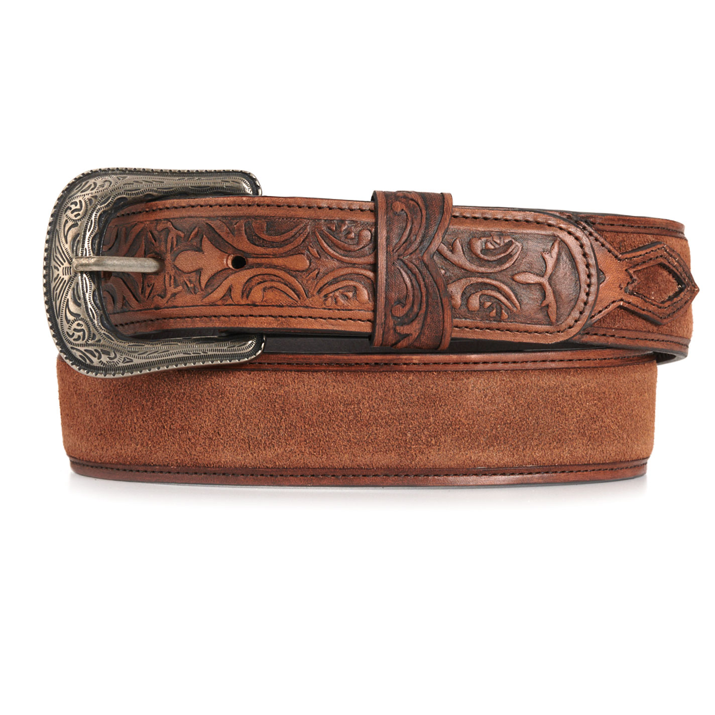 Cavender's Men's Medium Brown Embossed Leather & Suede Inlay Belt - Image 1