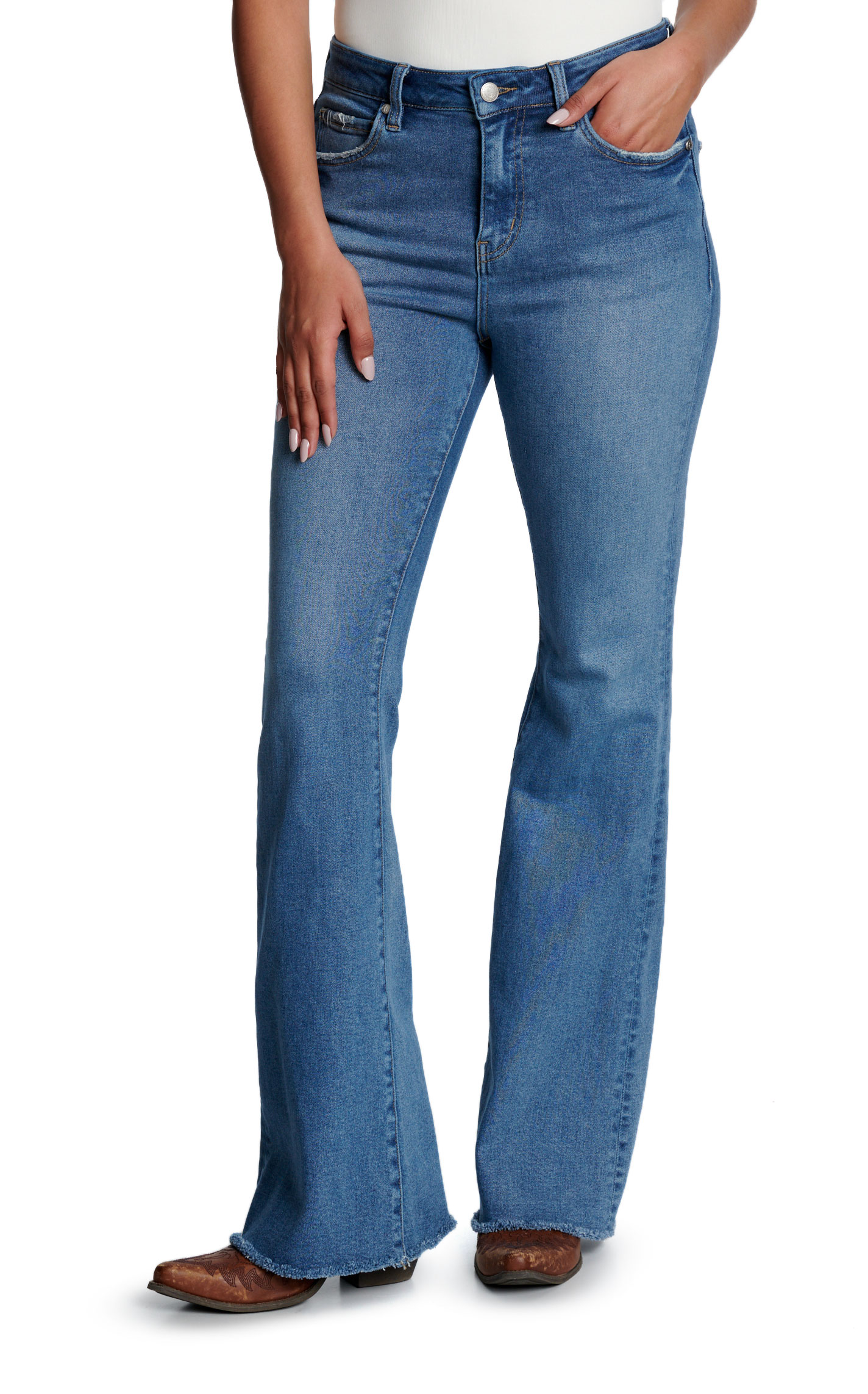 Rockin' C Women's Light Wash High Rise Distress Flare Jeans - Image 1