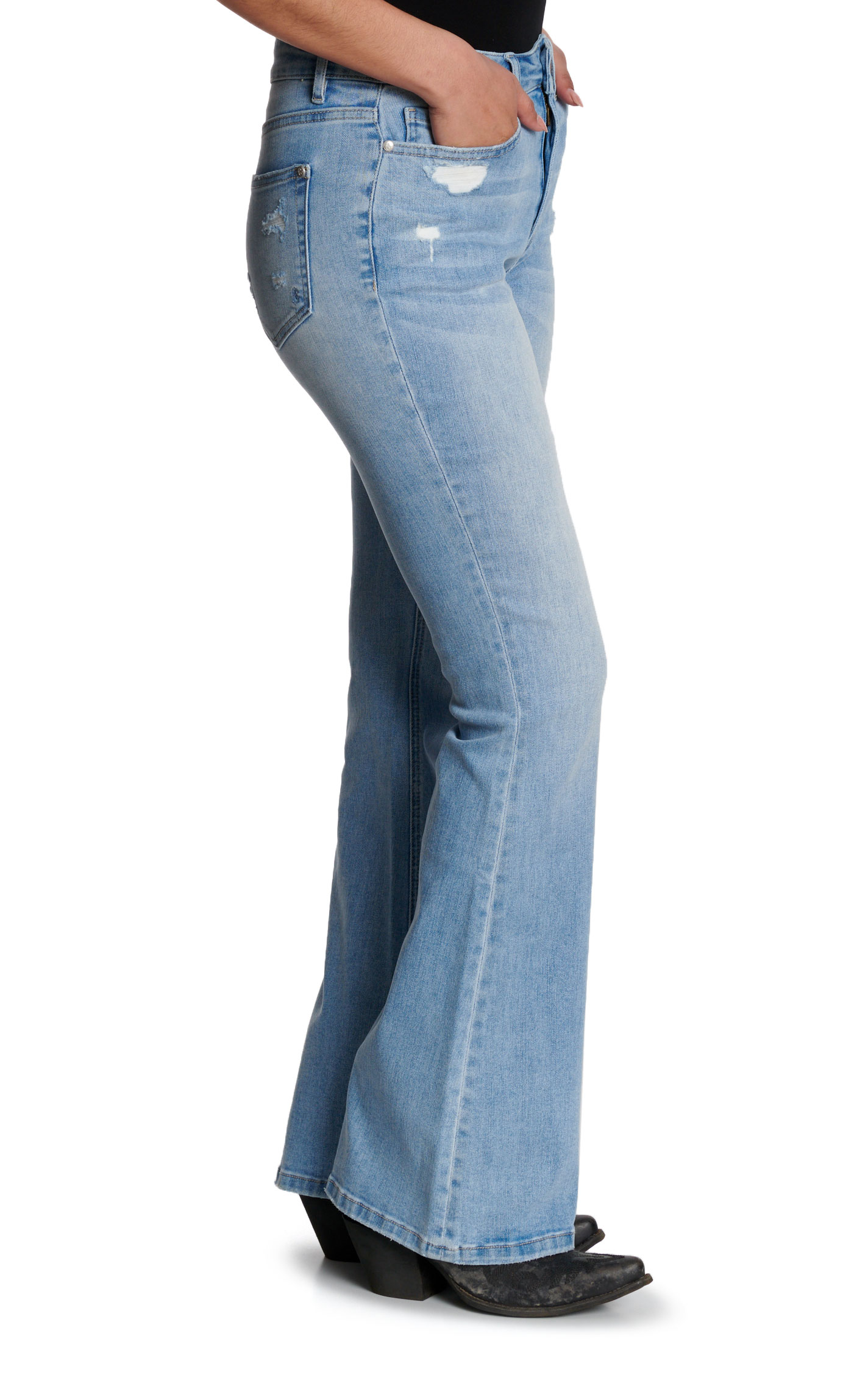 Rockin’ C Women’s Vintage Light Wash Distressed Flare Jeans - Image 1