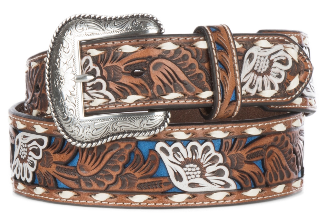 Nocona Men's Tan Genuine Leather Floral with Blue Painted Inlay Western Belt - Image 1