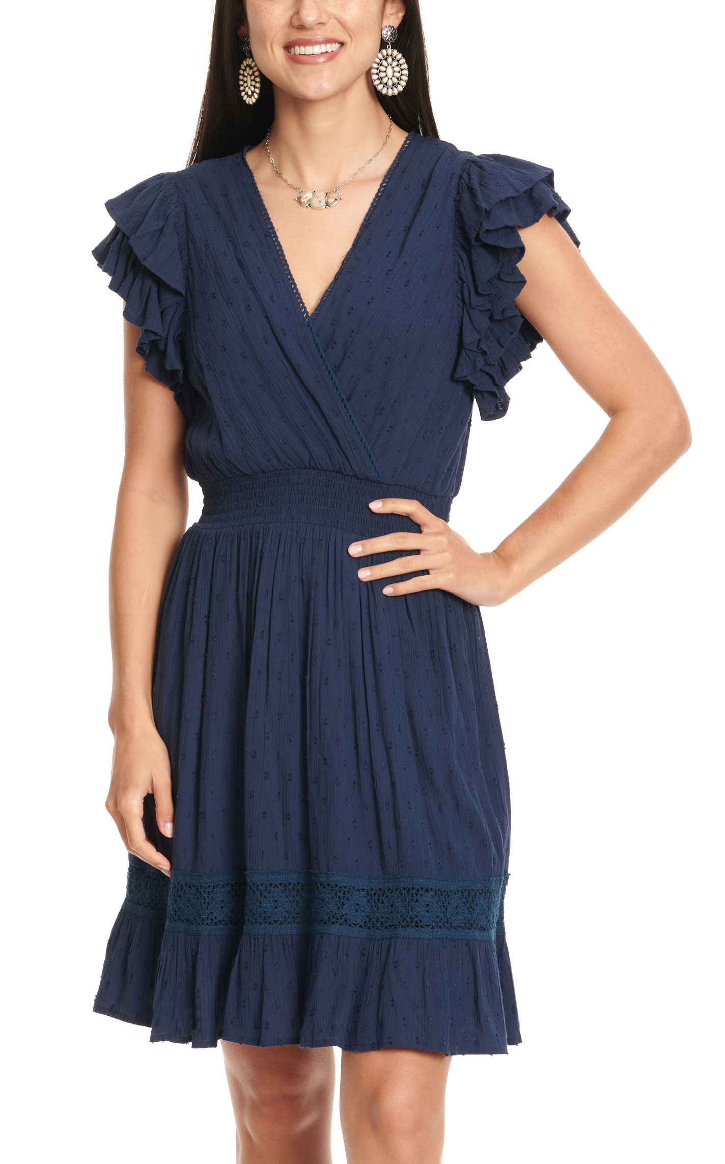 Rockin' C Women's Navy Swiss Dot V-Neck Short Flutter Sleeve Dress - Image 3