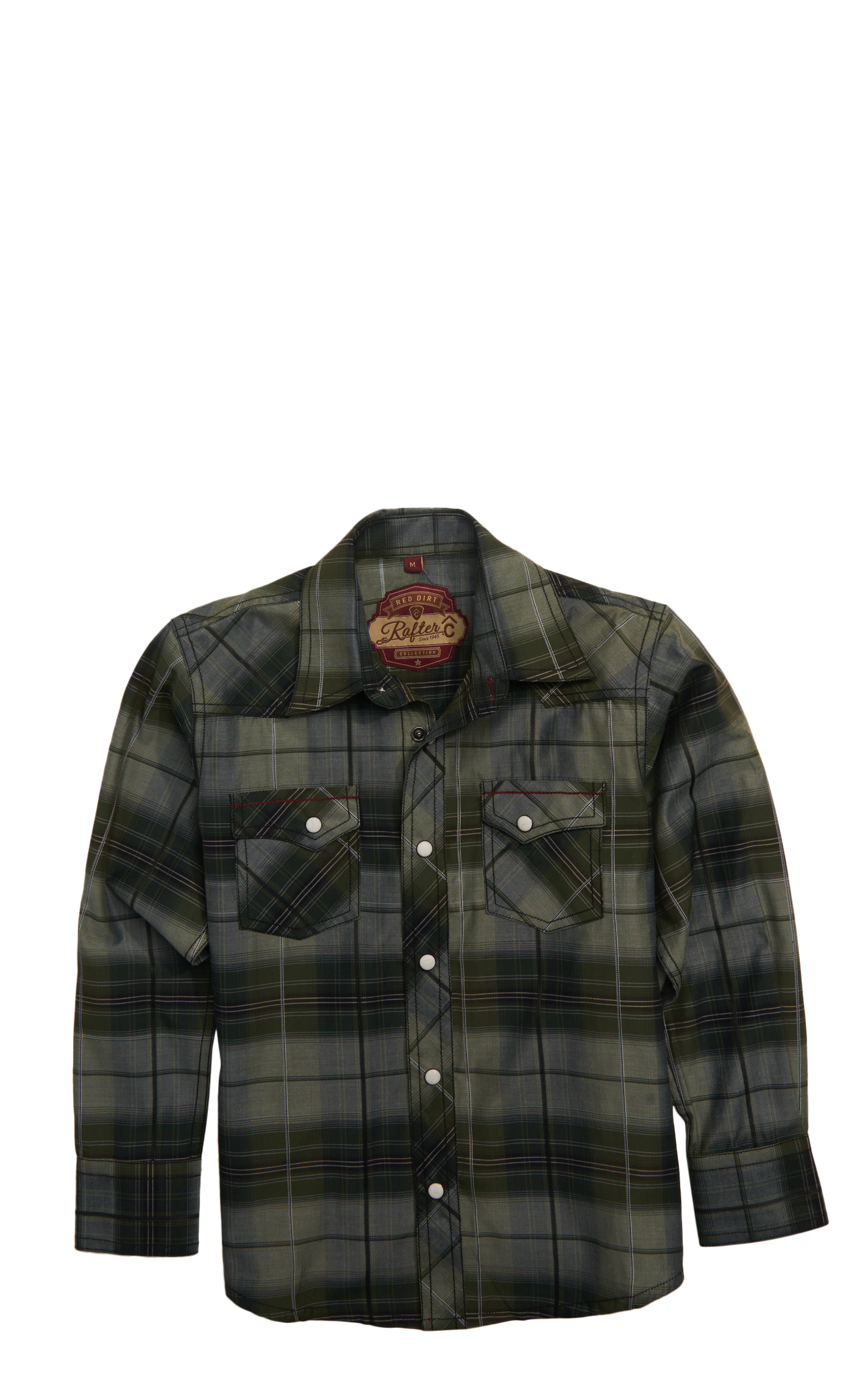 Rafter C Red Dirt Collection Boy's Green & Gray Plaid Western Shirt - Image 1