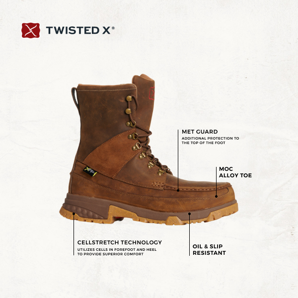 Twisted X Men's Distressed Saddle Brown CellStretch Metguard Round Composite Moc Toe Lace Up Work Boot - Image 1