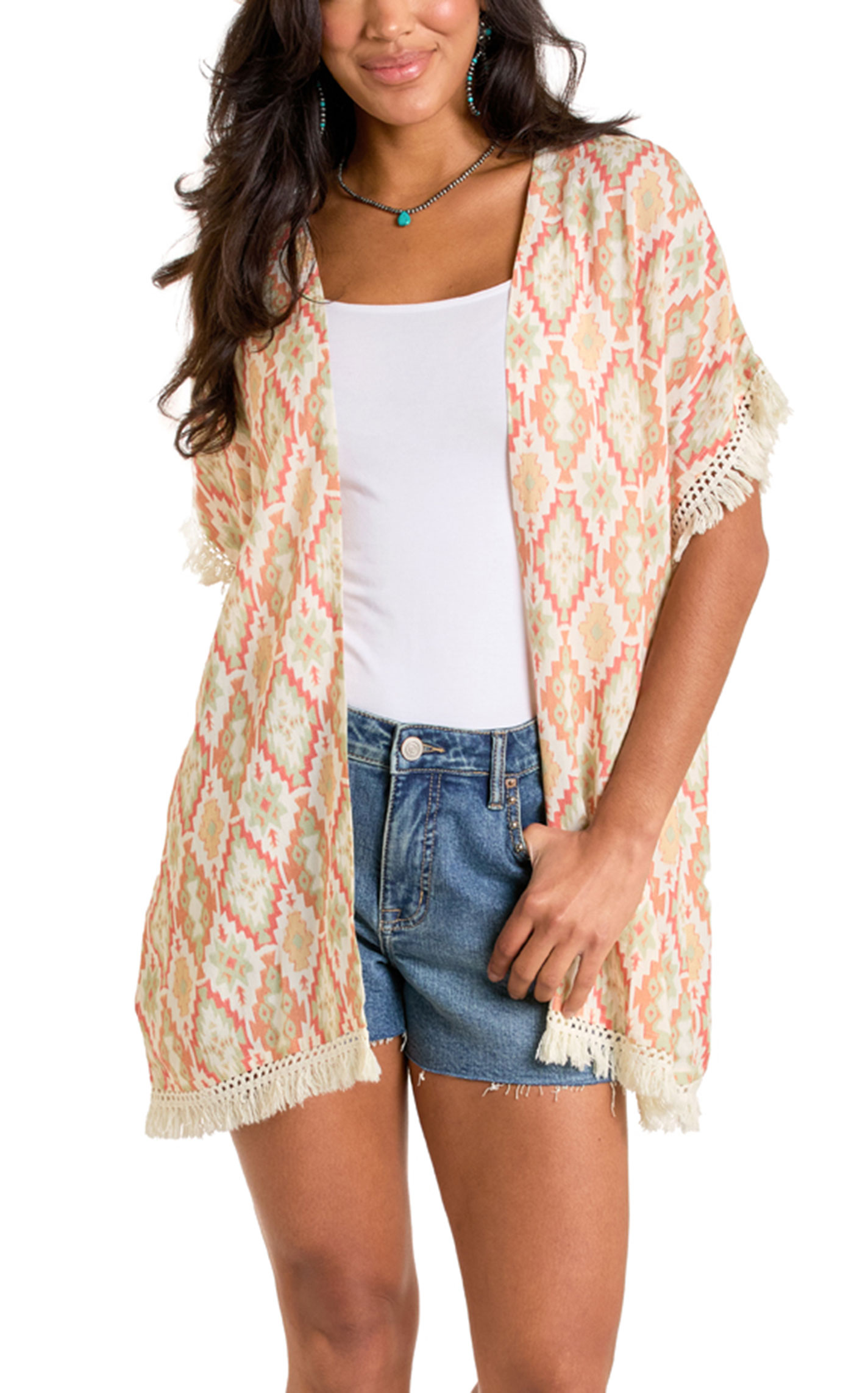 Rock & Roll Denim Women's Coral Aztec Print Kimono - Image 1